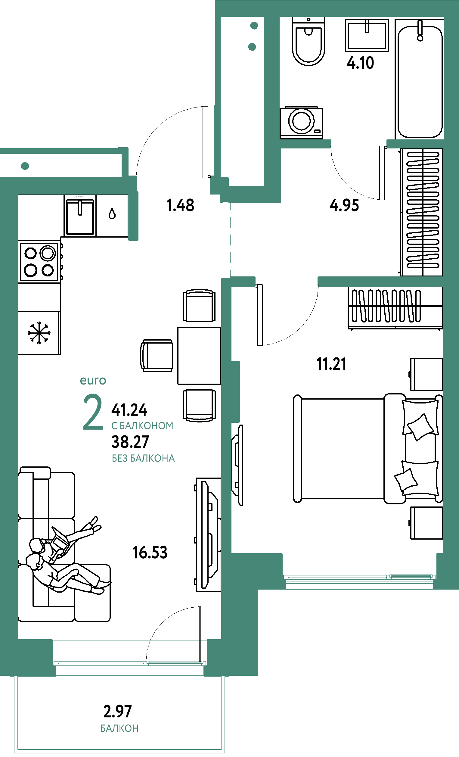 Купить 2-комнатную квартиру 41.24м², этаж №4 кв №95 в ЖК 