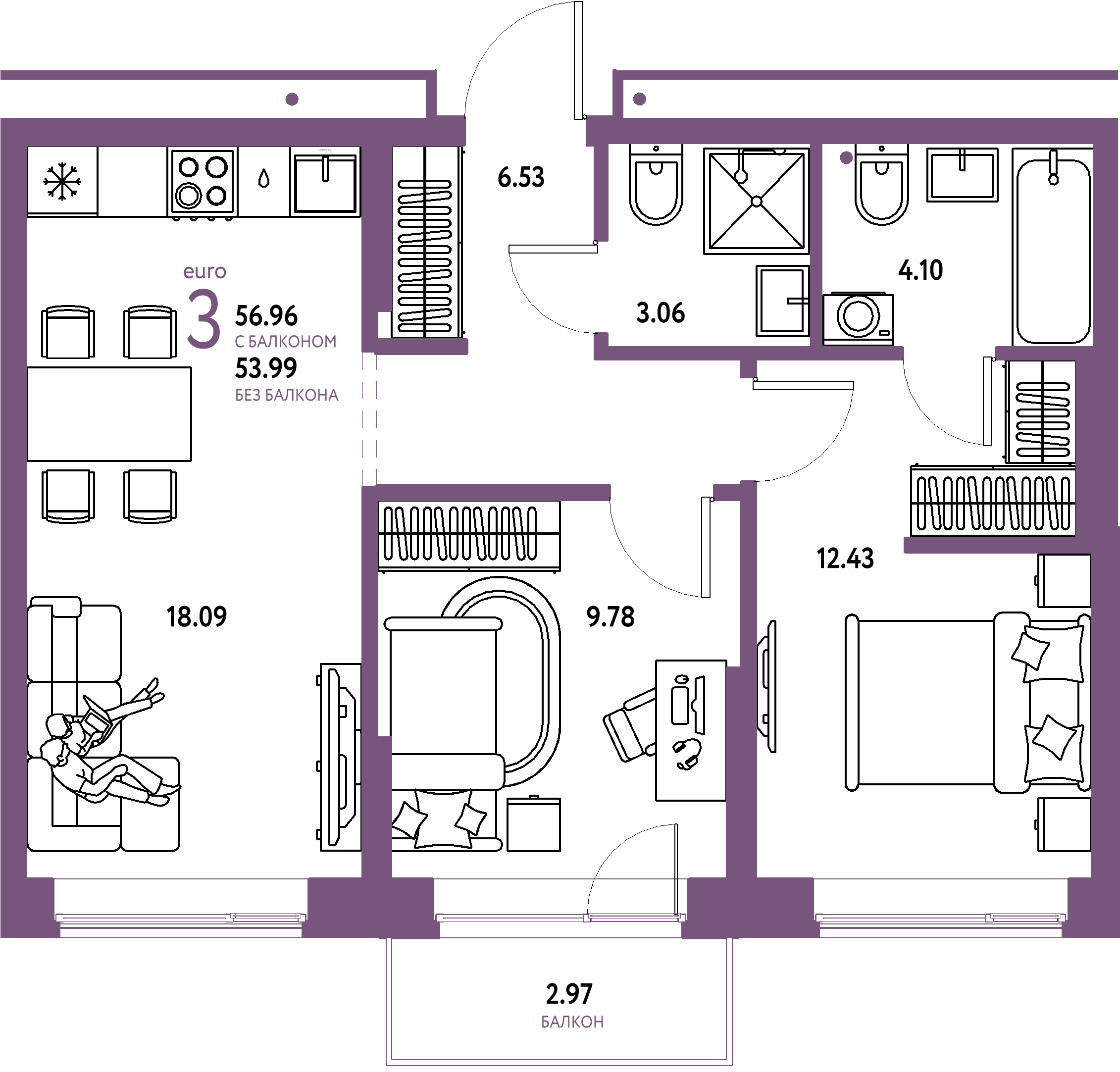 Купить 3-комнатную квартиру 56.96м², этаж №4 кв №97 в ЖК 