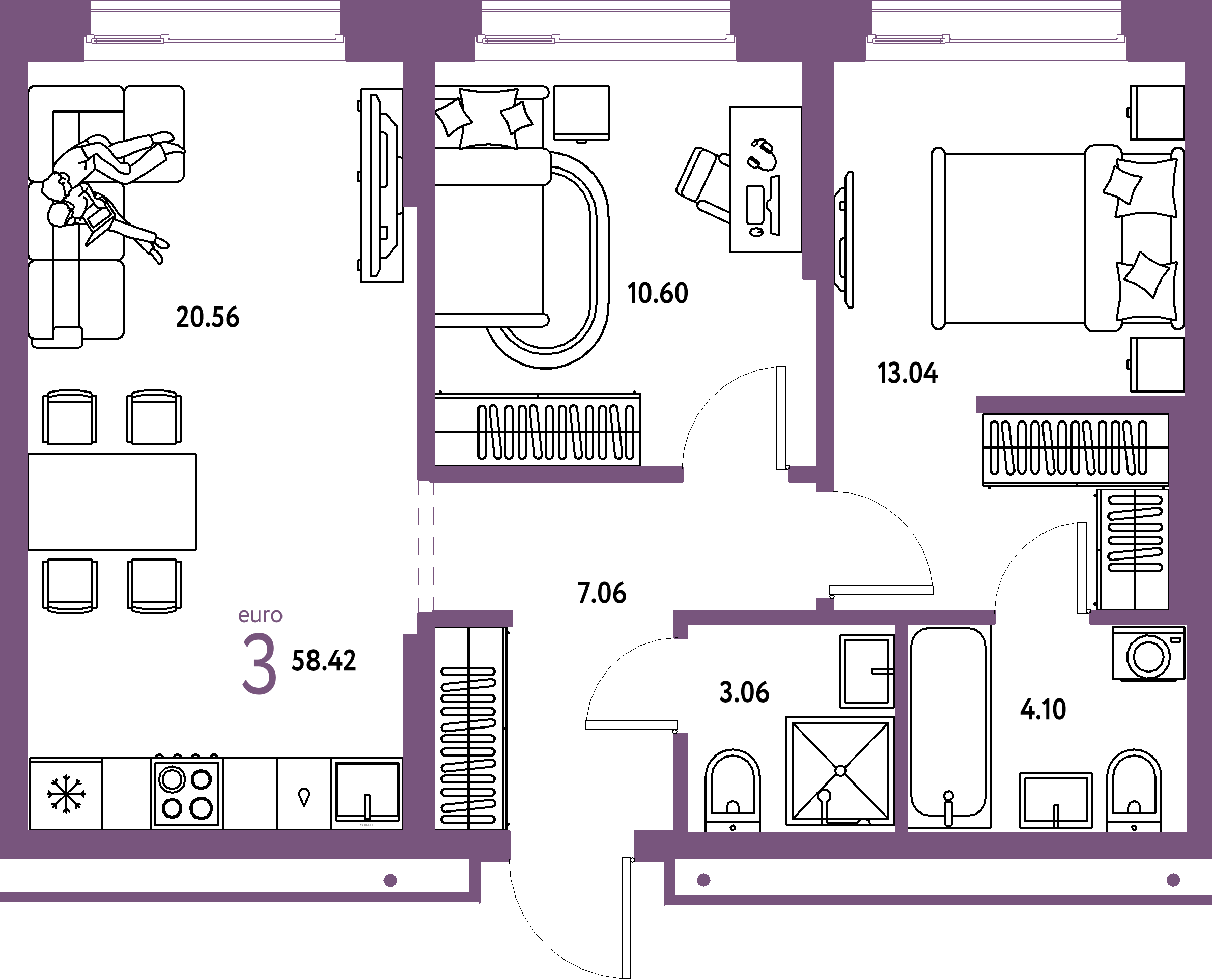 ЖК "Домашний"-3-комнатная 58.42 м²