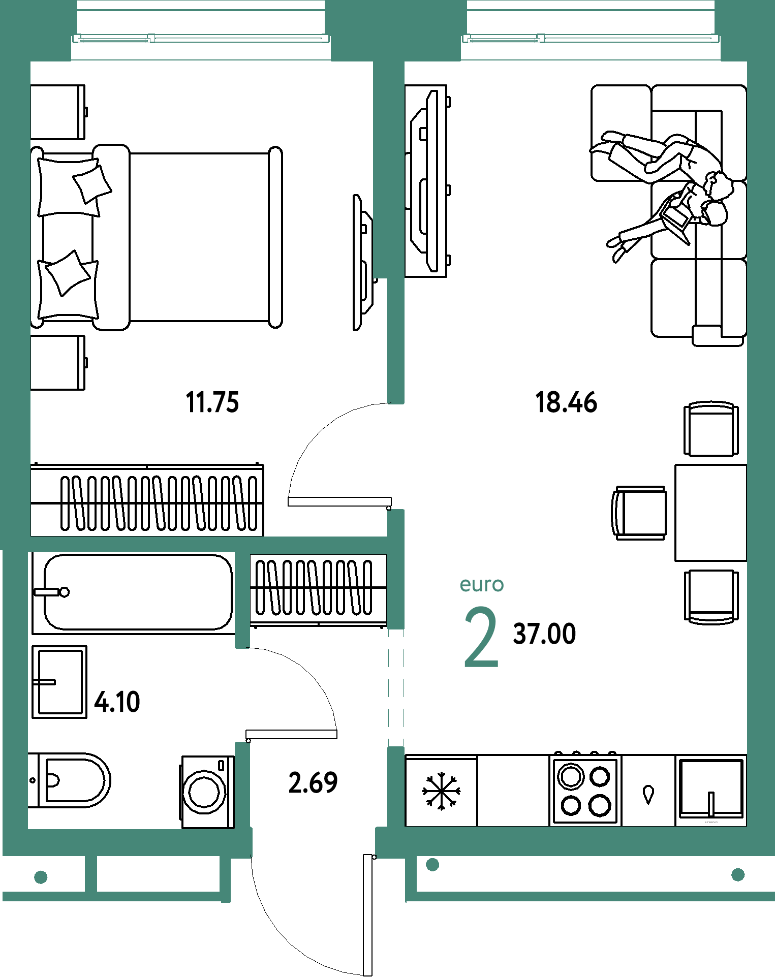 ЖК "Домашний"-2-комнатная 37 м²