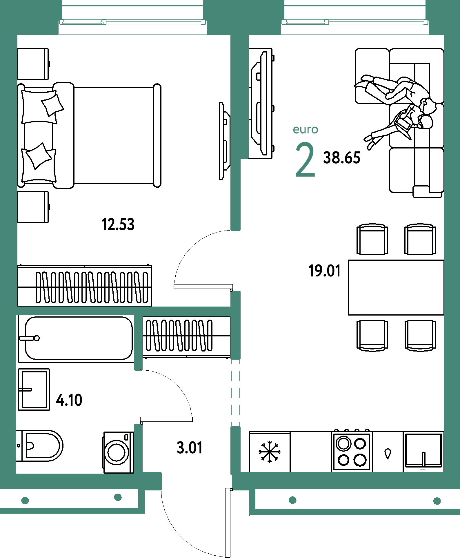 ЖК "Домашний"-2-комнатная 38.65 м²