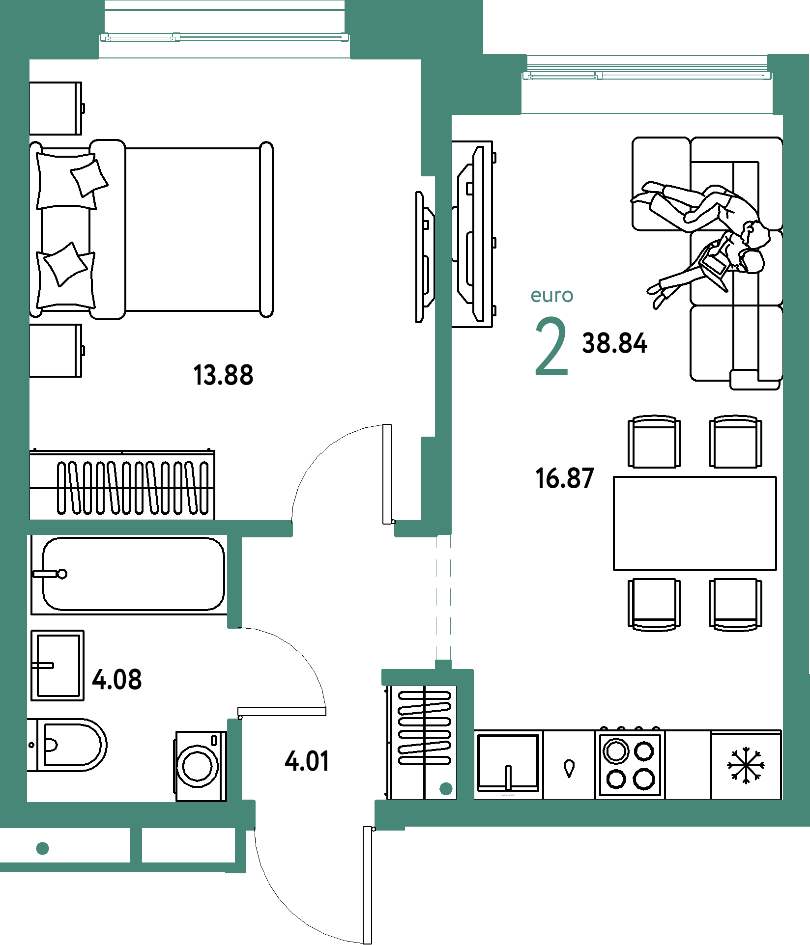 Купить 2-комнатную квартиру 38.84м², этаж №5 кв №107 в ЖК 