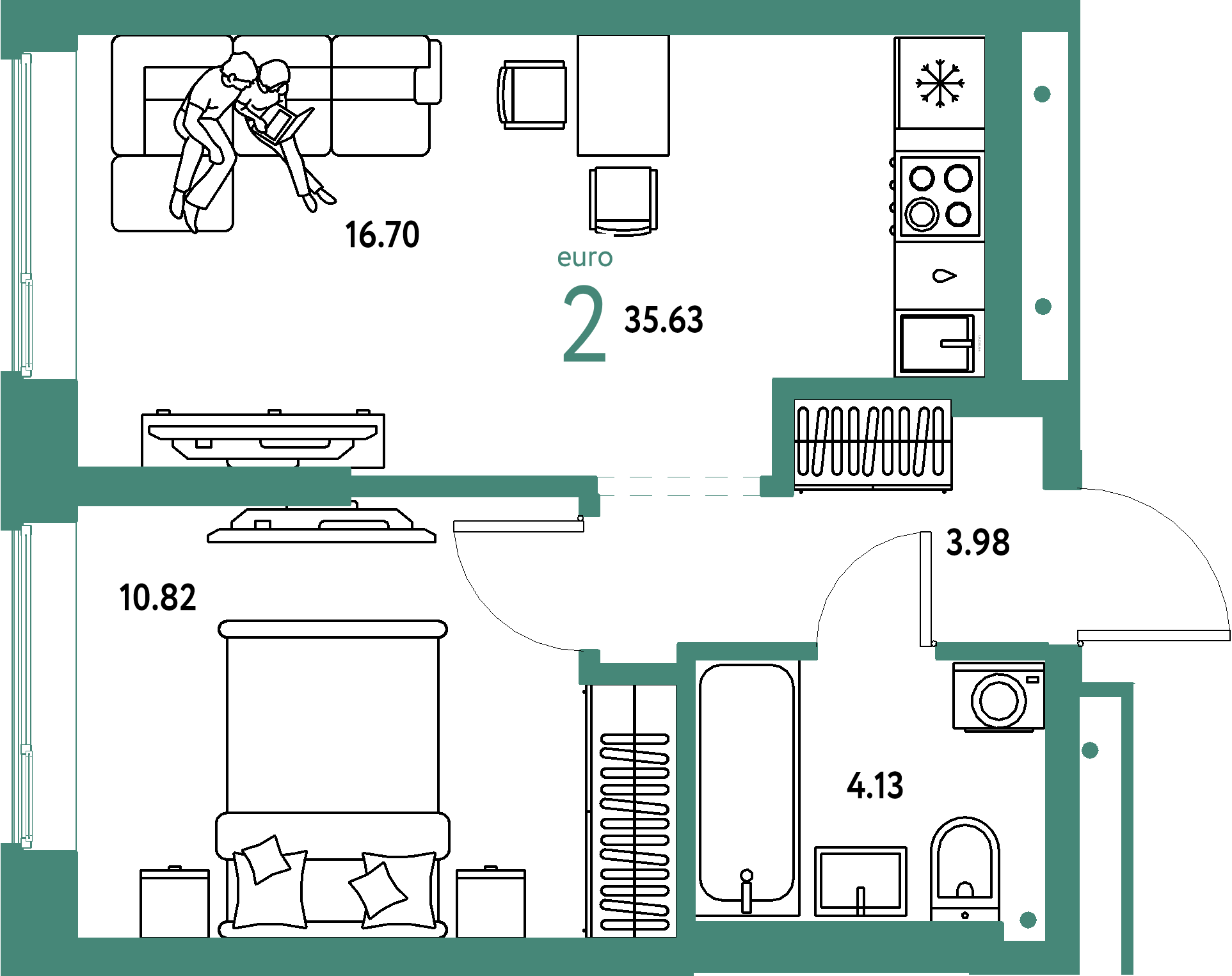 ЖК "Домашний"-2-комнатная 35.63 м²
