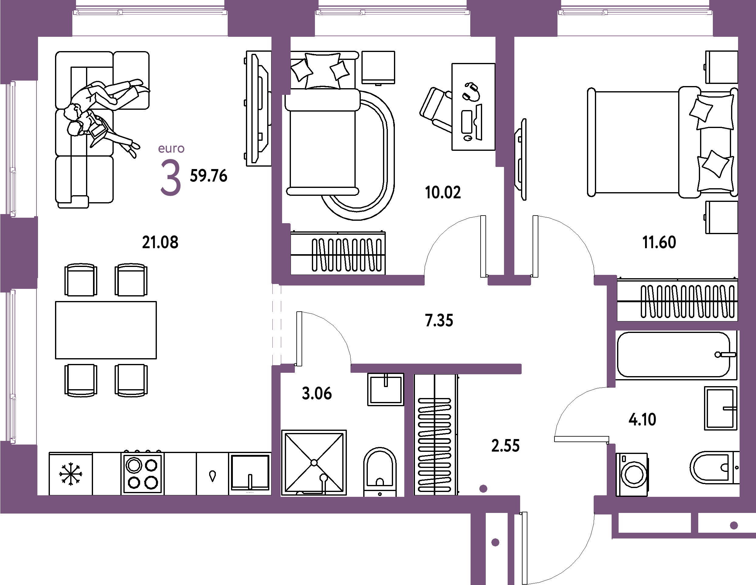 Купить 3-комнатную квартиру 59.76м², этаж №6 кв №115 в ЖК 