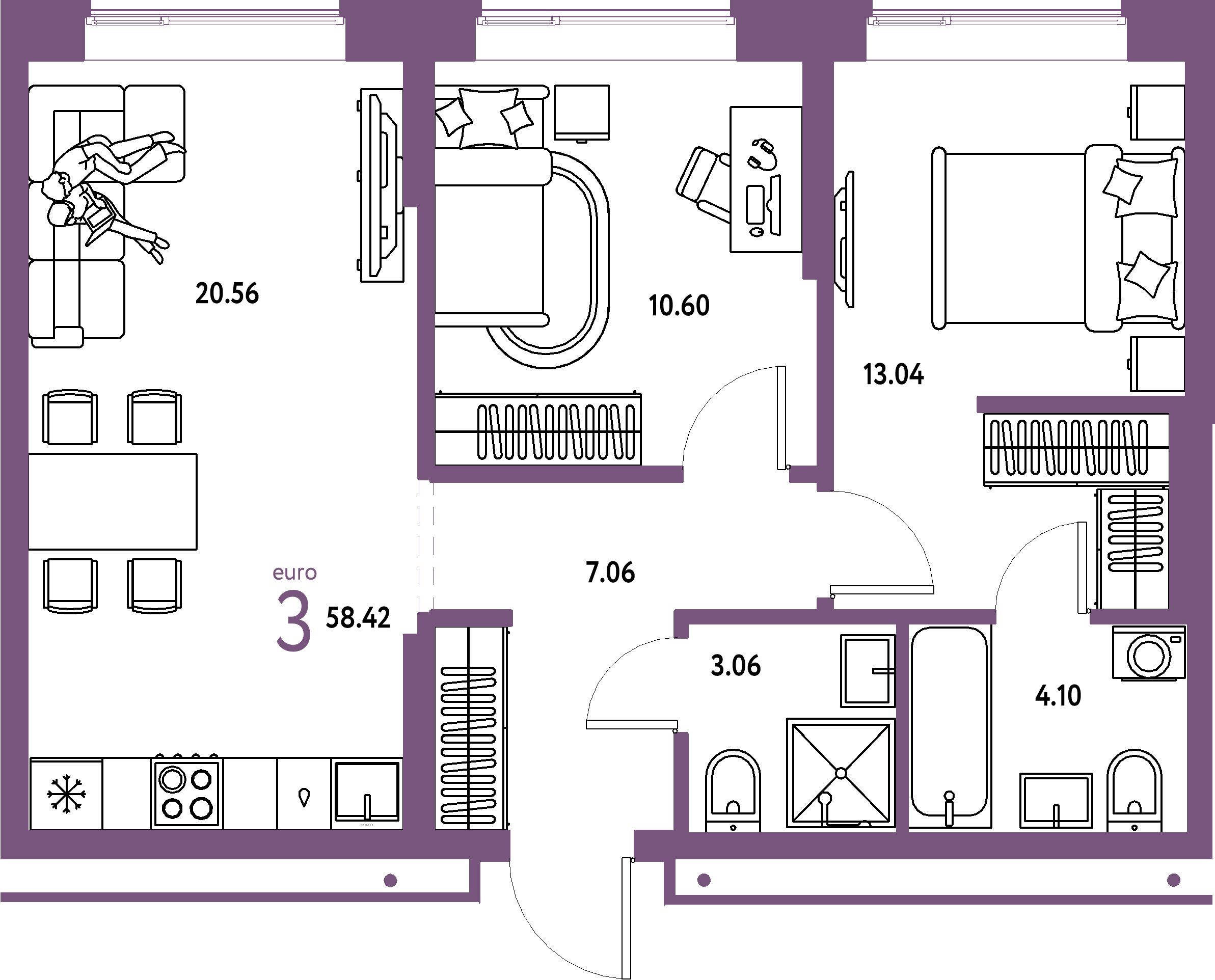 ЖК "Домашний"-3-комнатная 58.42 м²