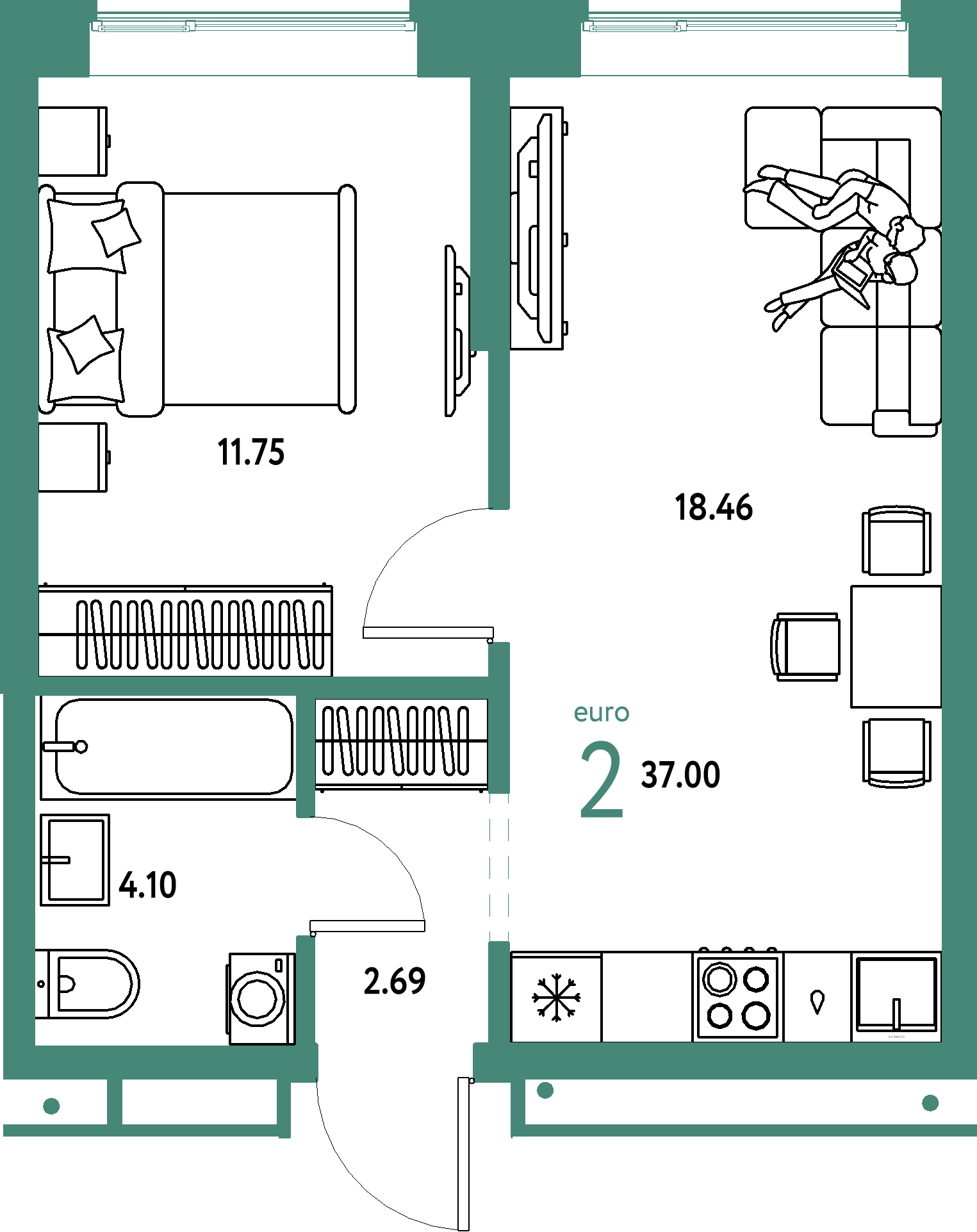 ЖК "Домашний"-2-комнатная 37 м²