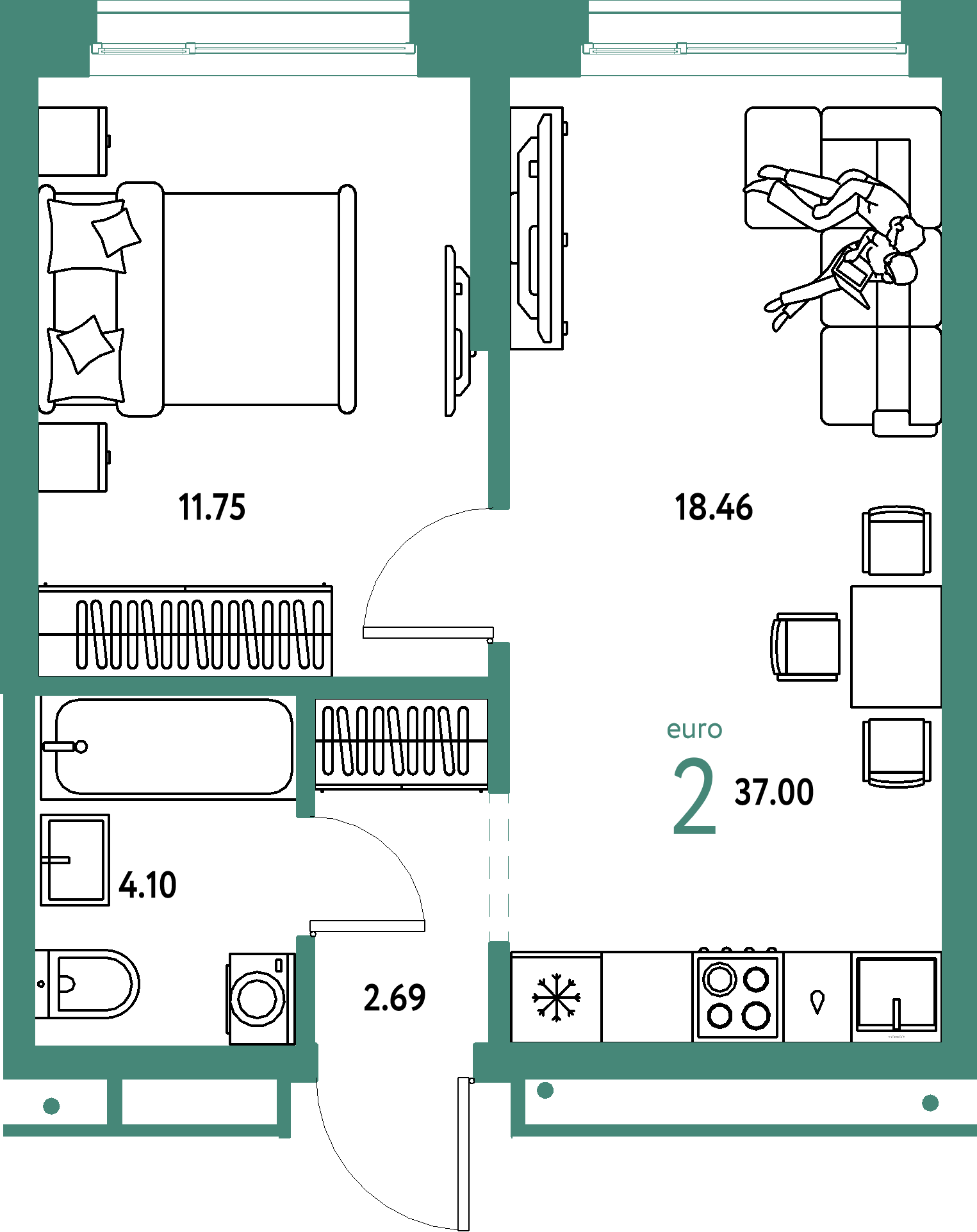 ЖК "Домашний"-2-комнатная 37 м²