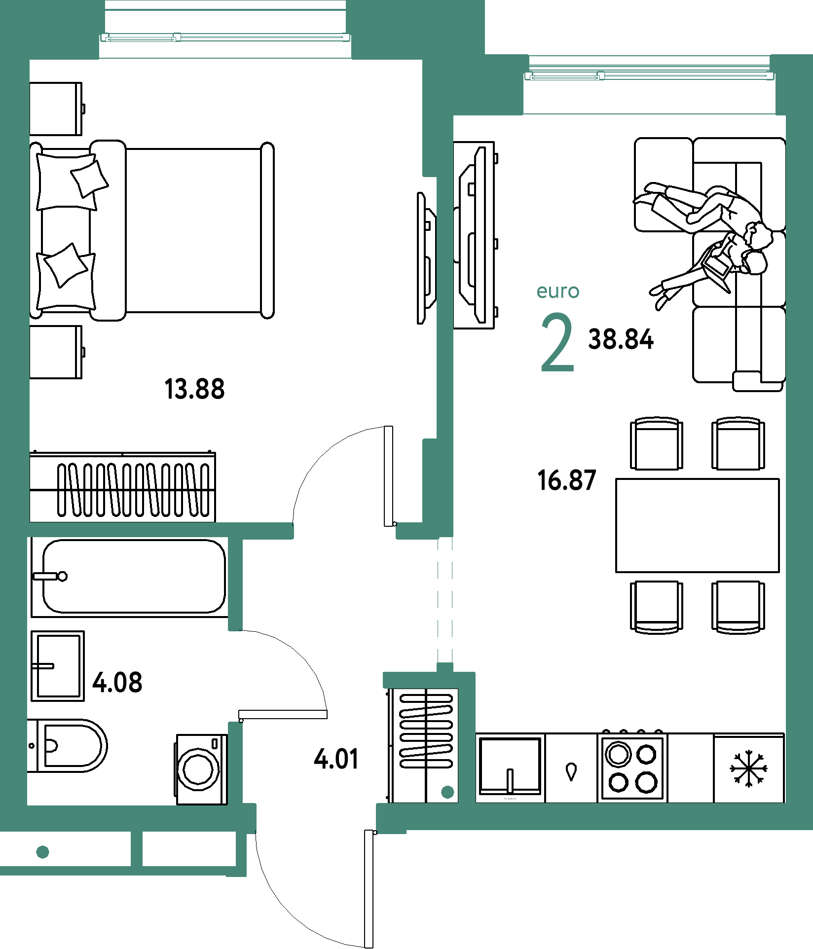 ЖК "Домашний"-2-комнатная 38.84 м²