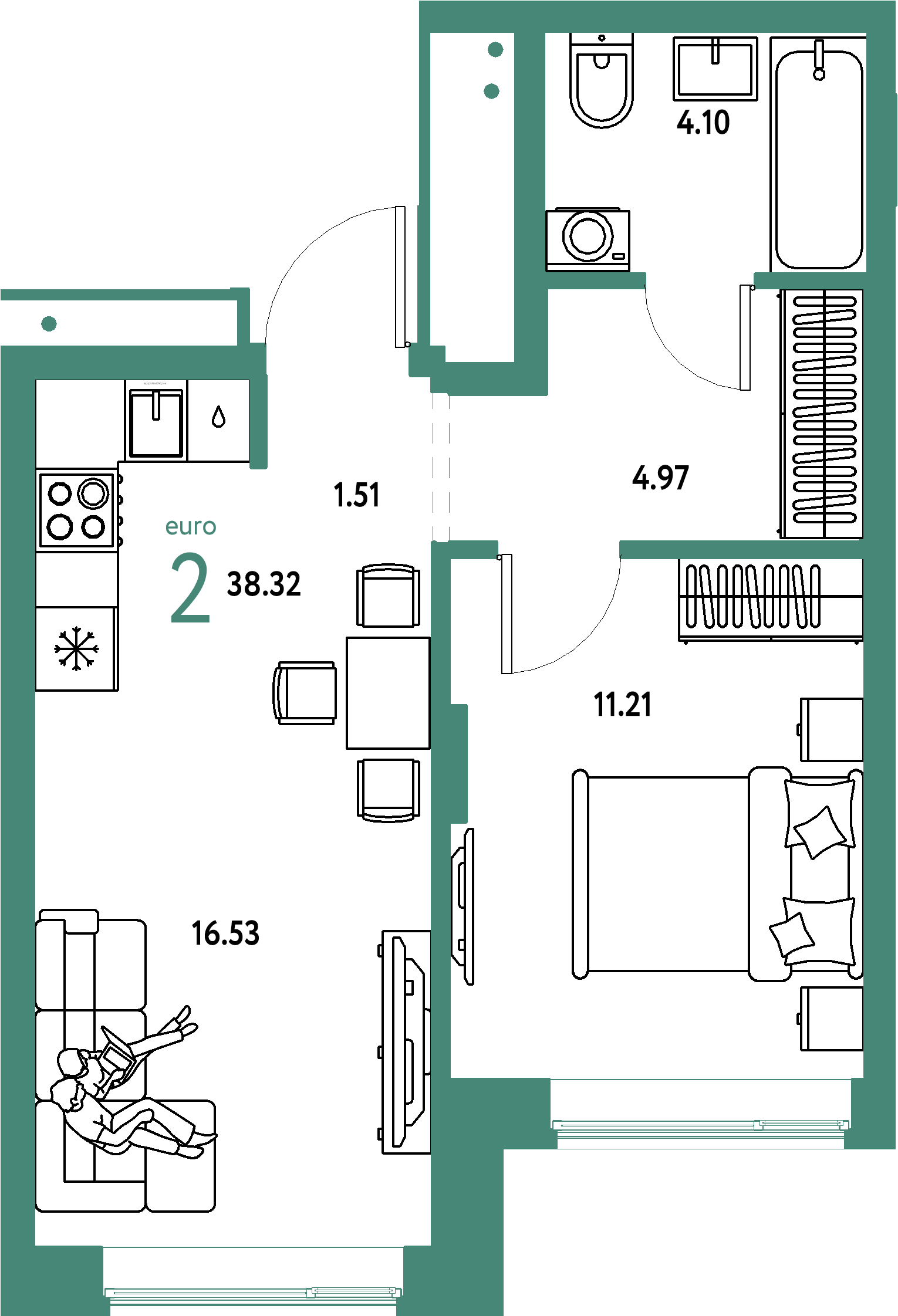 ЖК "Домашний"-2-комнатная 38.32 м²