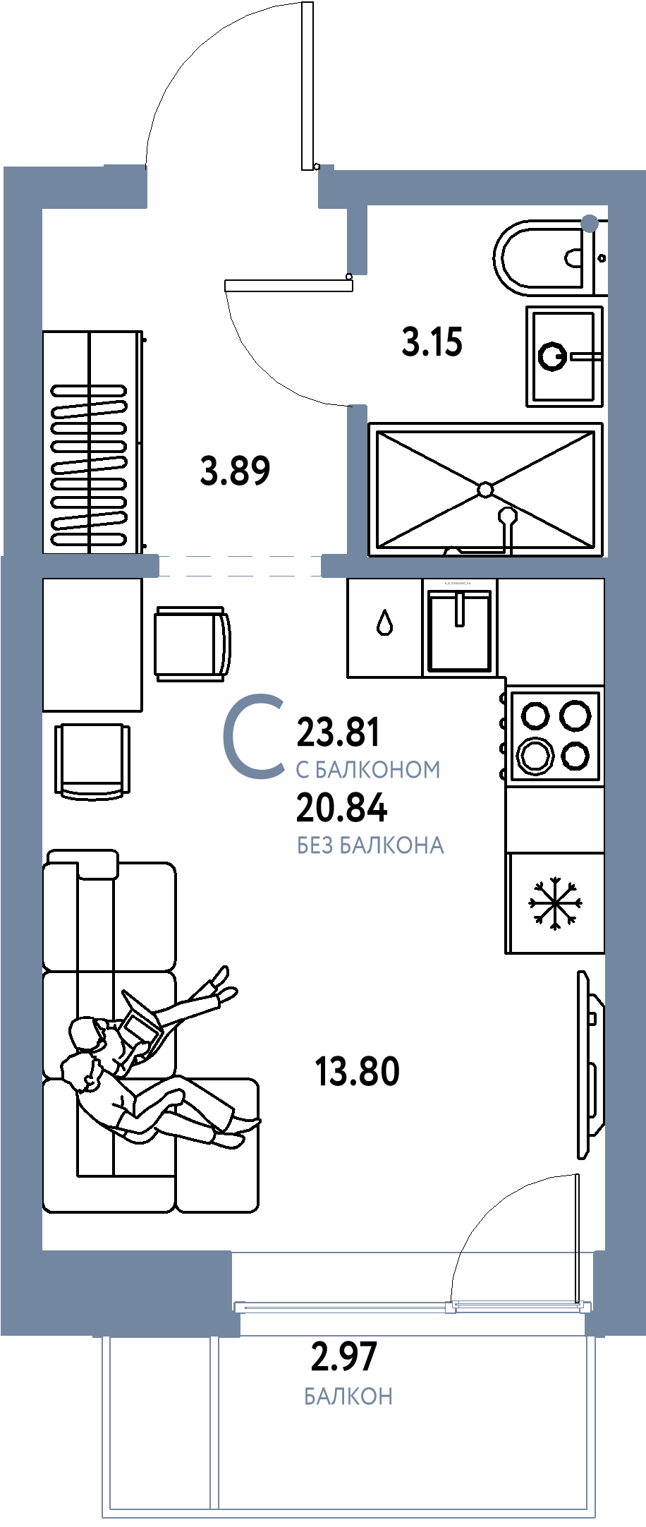 Купить Студию 23.81м², этаж №7 кв №138 в ЖК 