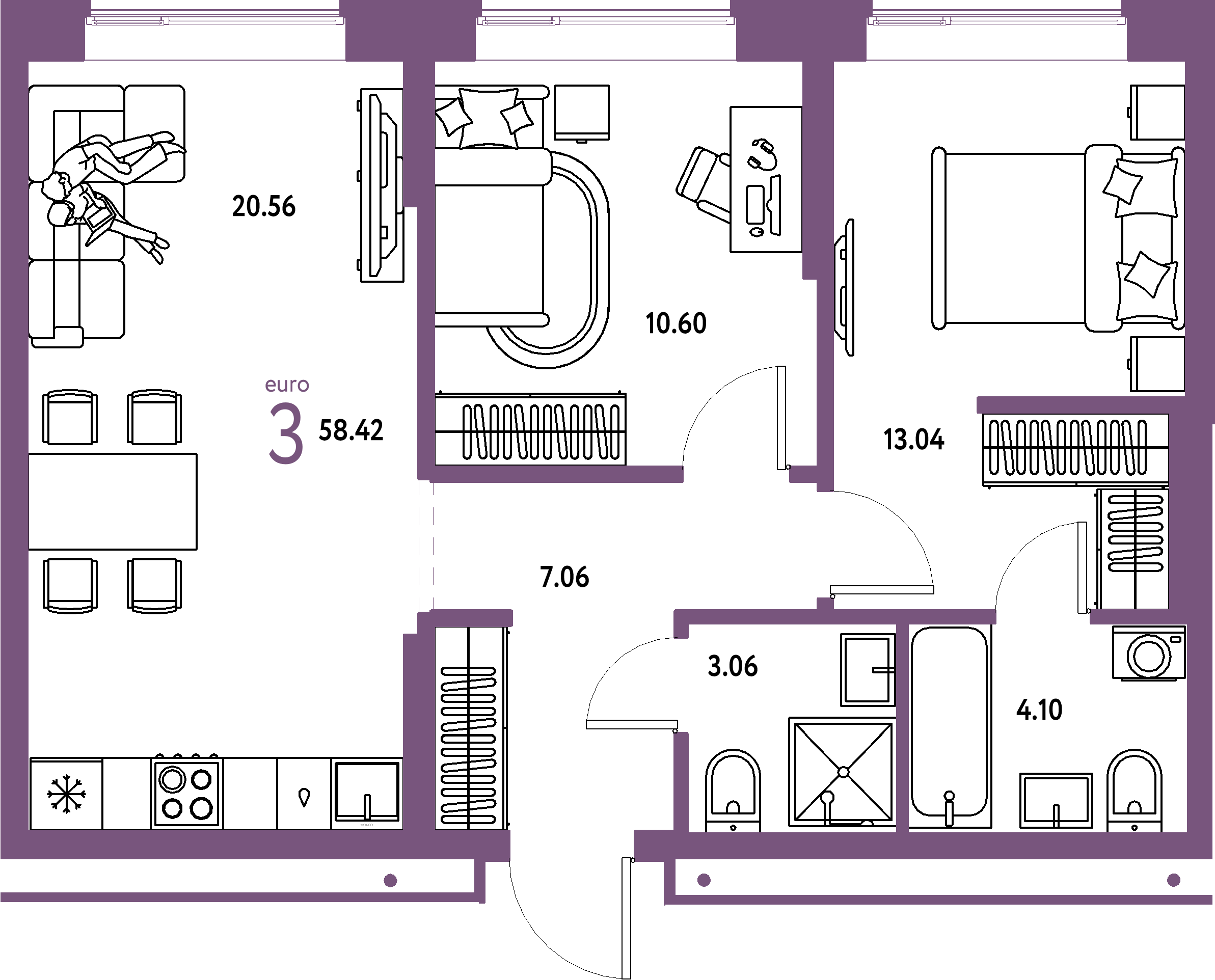 ЖК "Домашний"-3-комнатная 58.42 м²