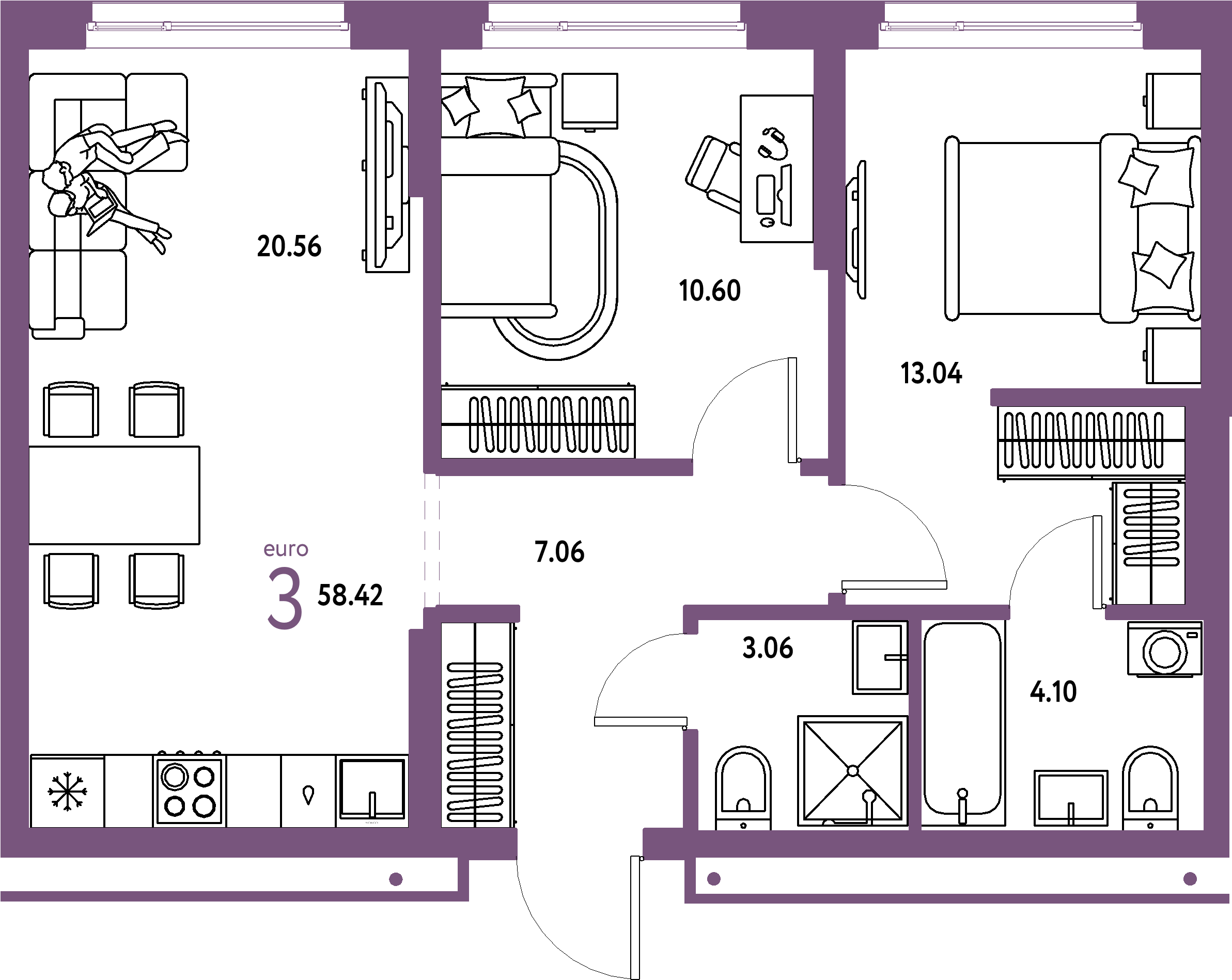 ЖК "Домашний"-3-комнатная 58.42 м²