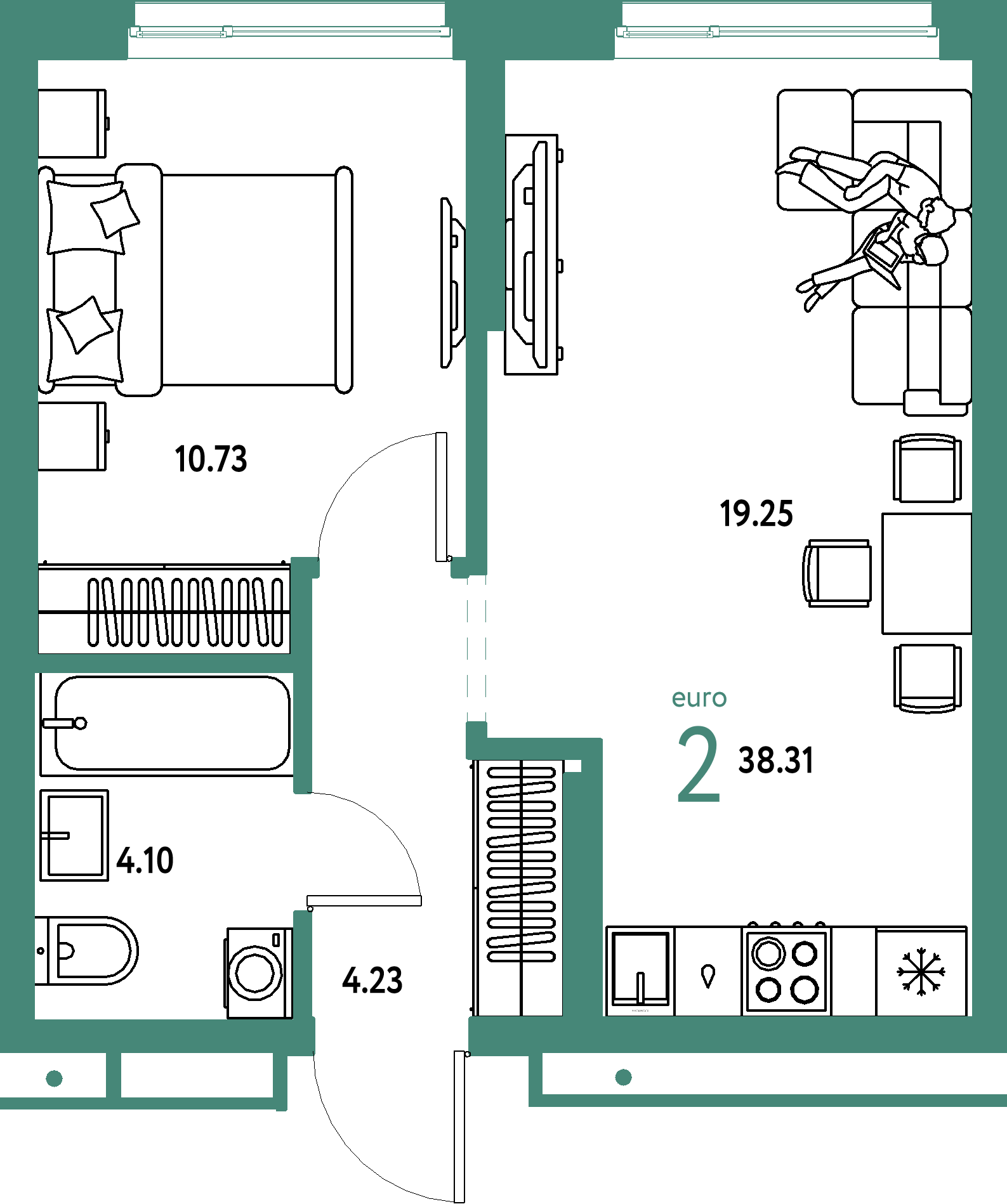 ЖК "Домашний"-2-комнатная 38.31 м²