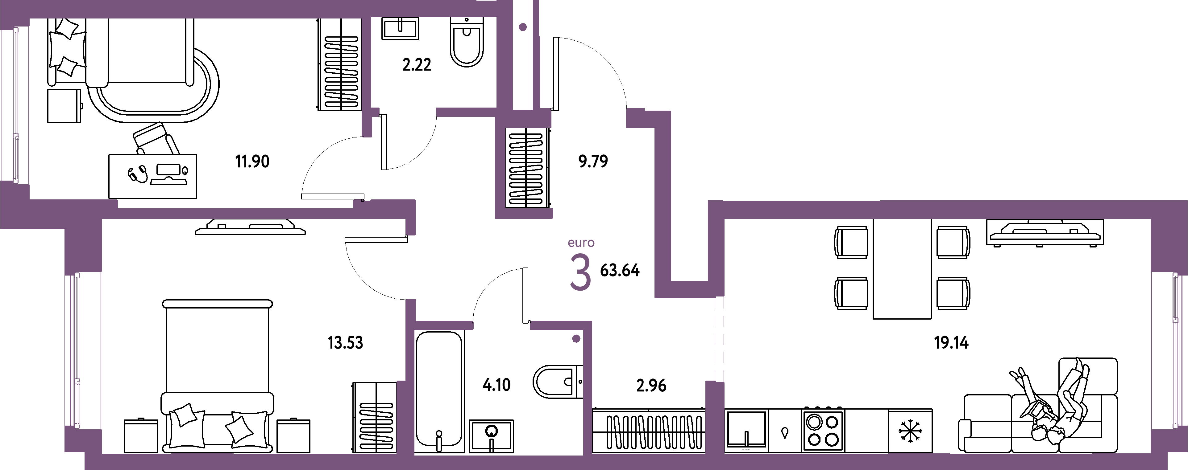 ЖК "Домашний"-3-комнатная 63.64 м²