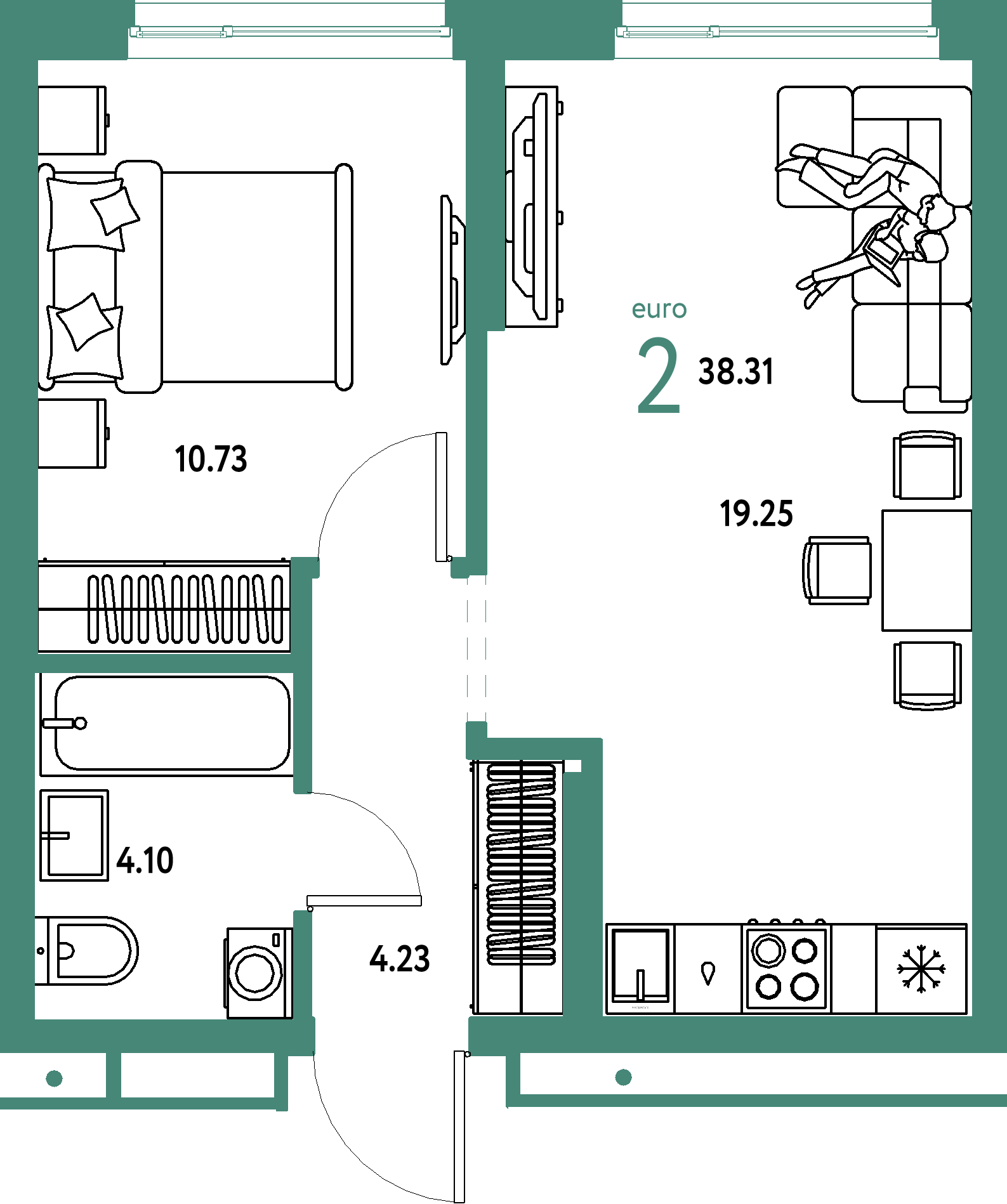 ЖК "Домашний"-2-комнатная 38.31 м²