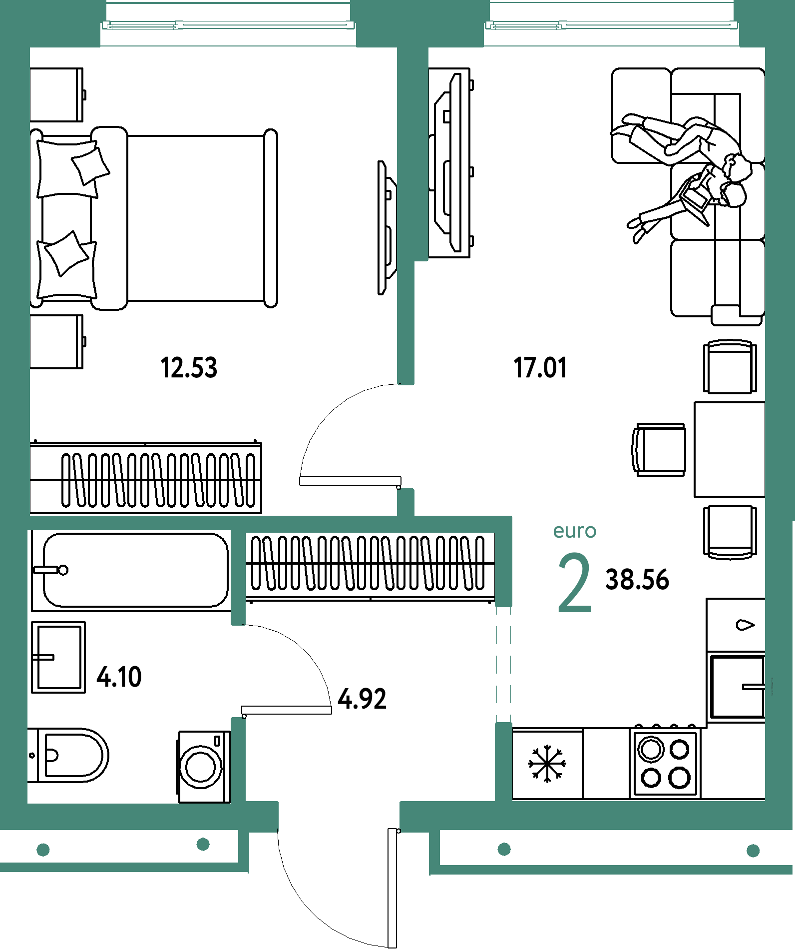 ЖК "Домашний"-2-комнатная 38.56 м²