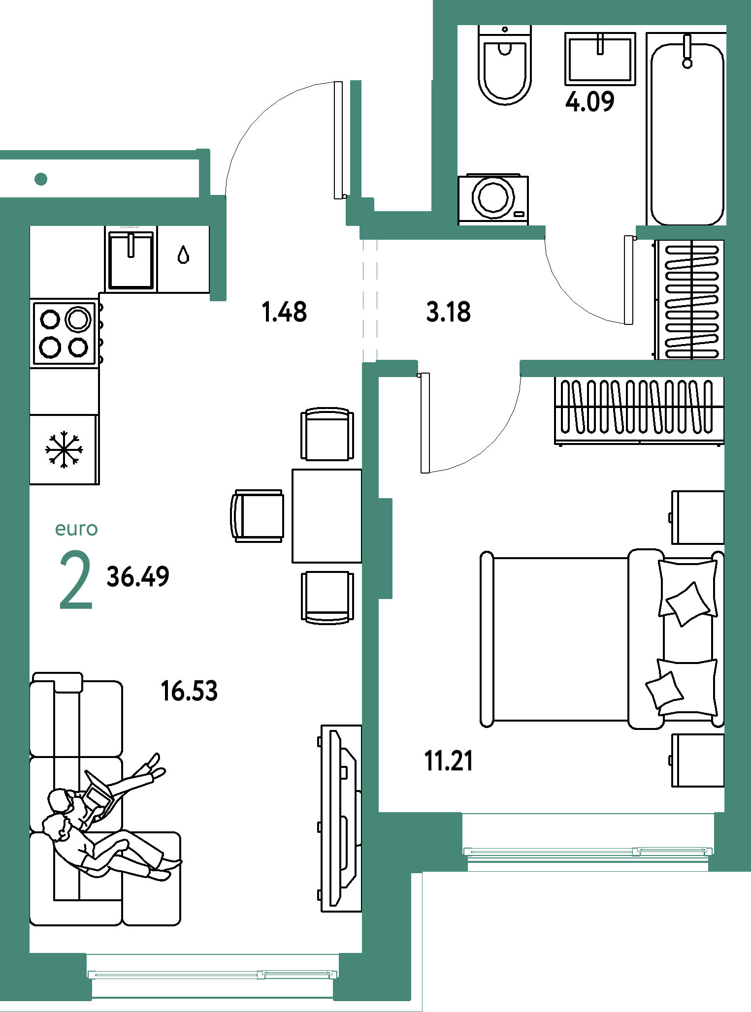 ЖК "Домашний"-2-комнатная 36.49 м²