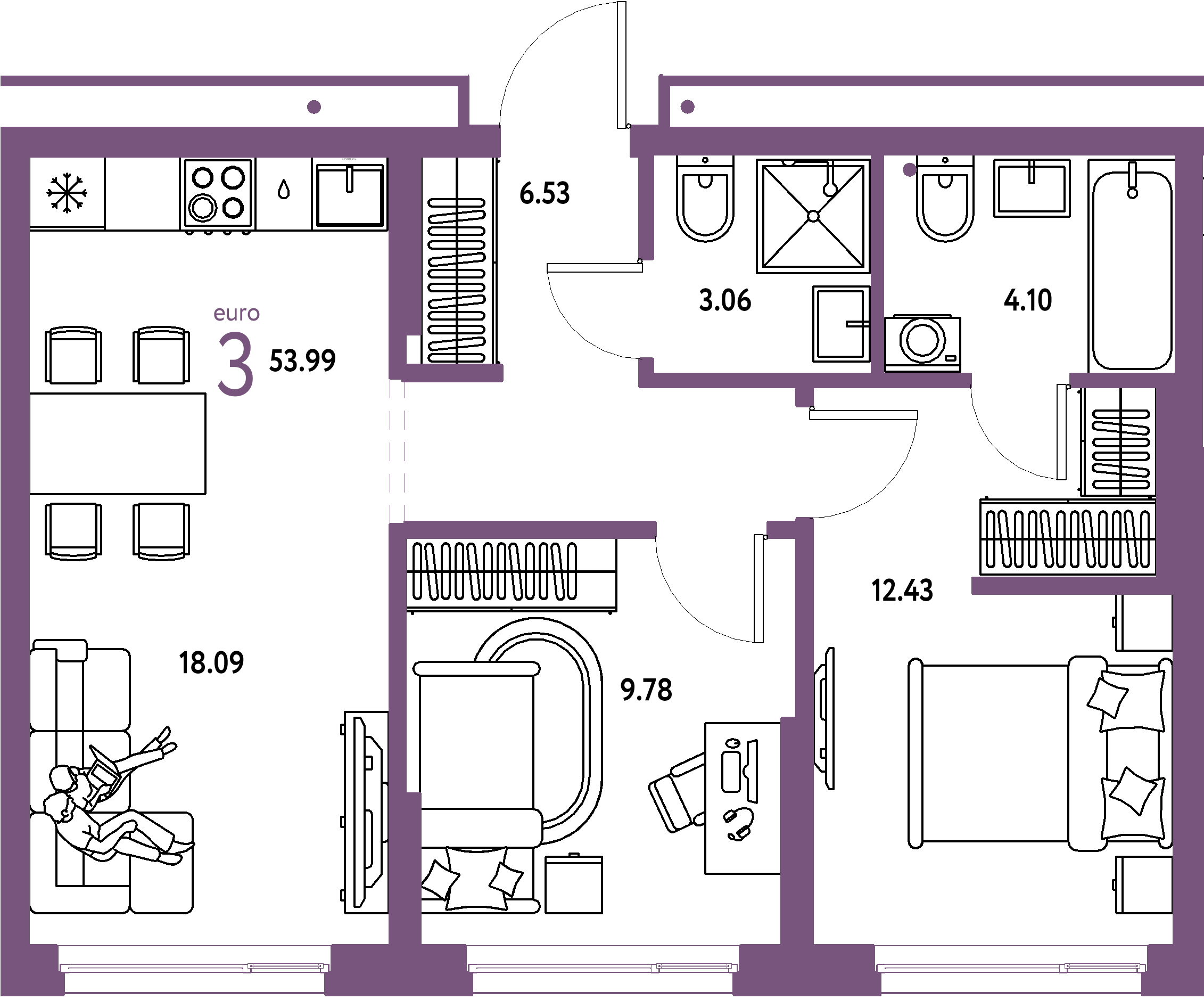 Купить 3-комнатную квартиру 53.99м², этаж №10 кв №175 в ЖК 