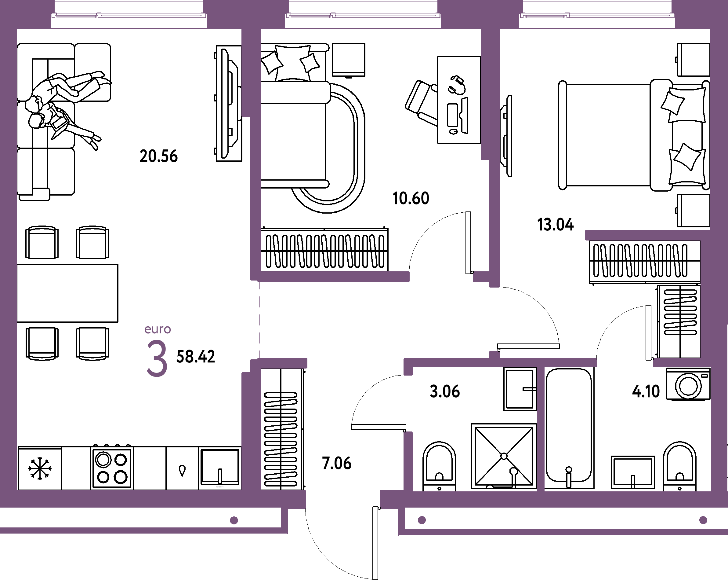 ЖК "Домашний"-3-комнатная 58.42 м²