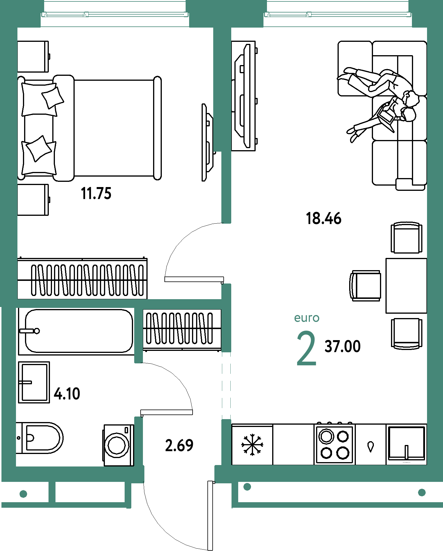 ЖК "Домашний"-2-комнатная 37 м²
