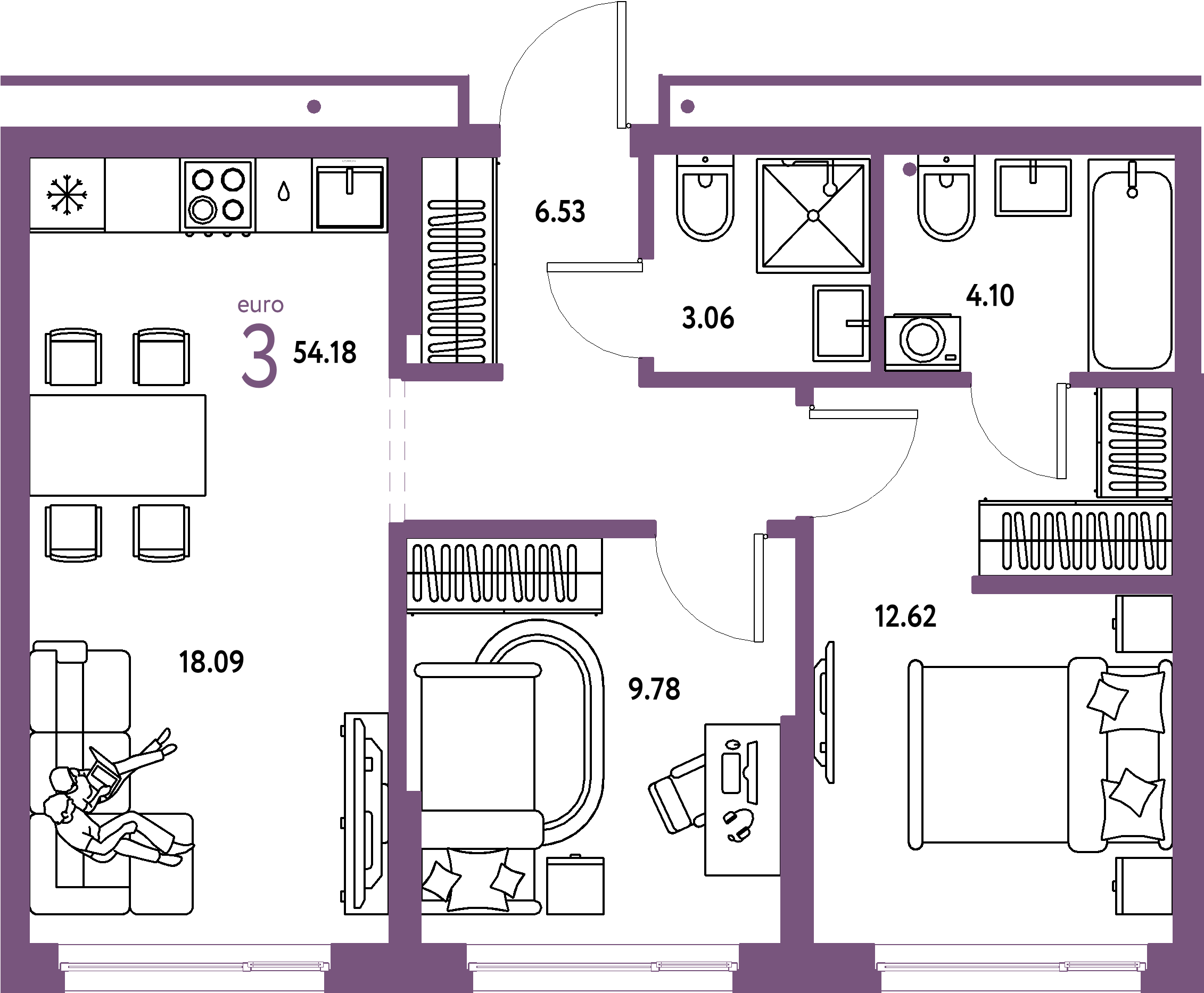 Купить 3-комнатную квартиру 54.18м², этаж №12 кв №195 в ЖК 