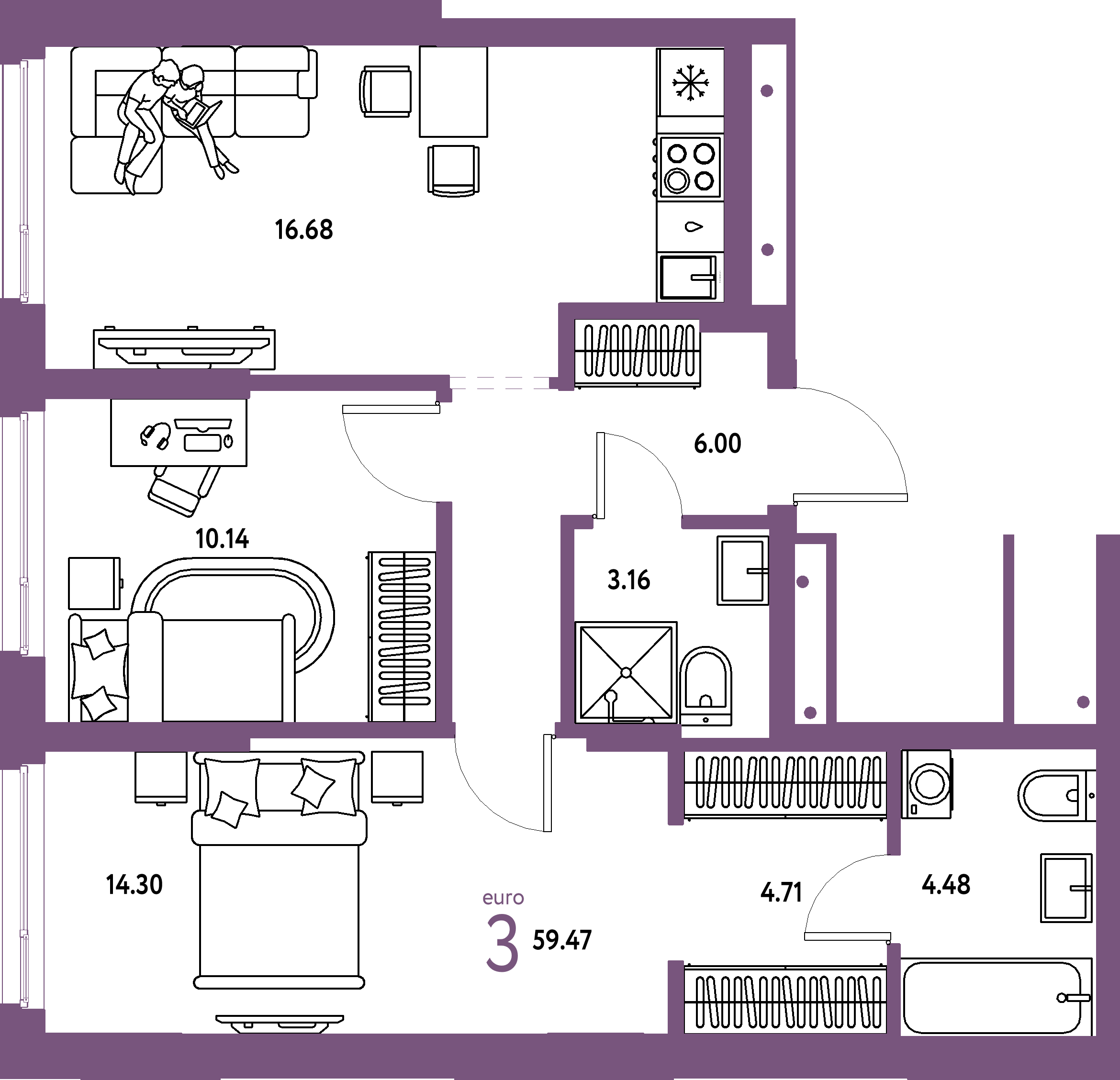 ЖК "Домашний"-3-комнатная 59.47 м²