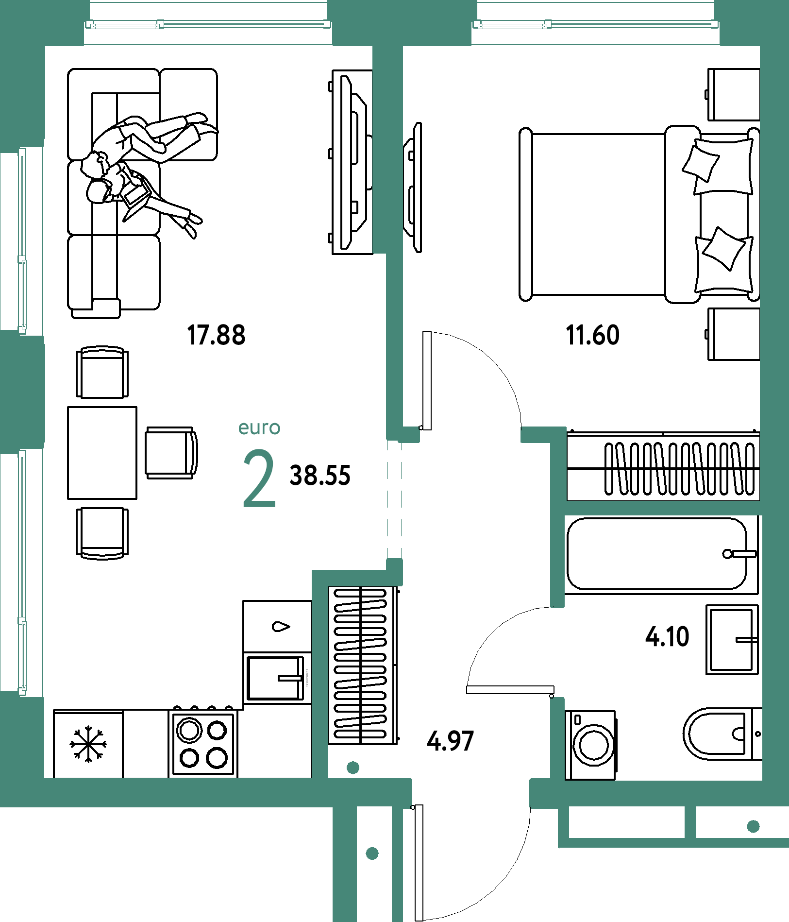 ЖК "Домашний"-2-комнатная 38.55 м²