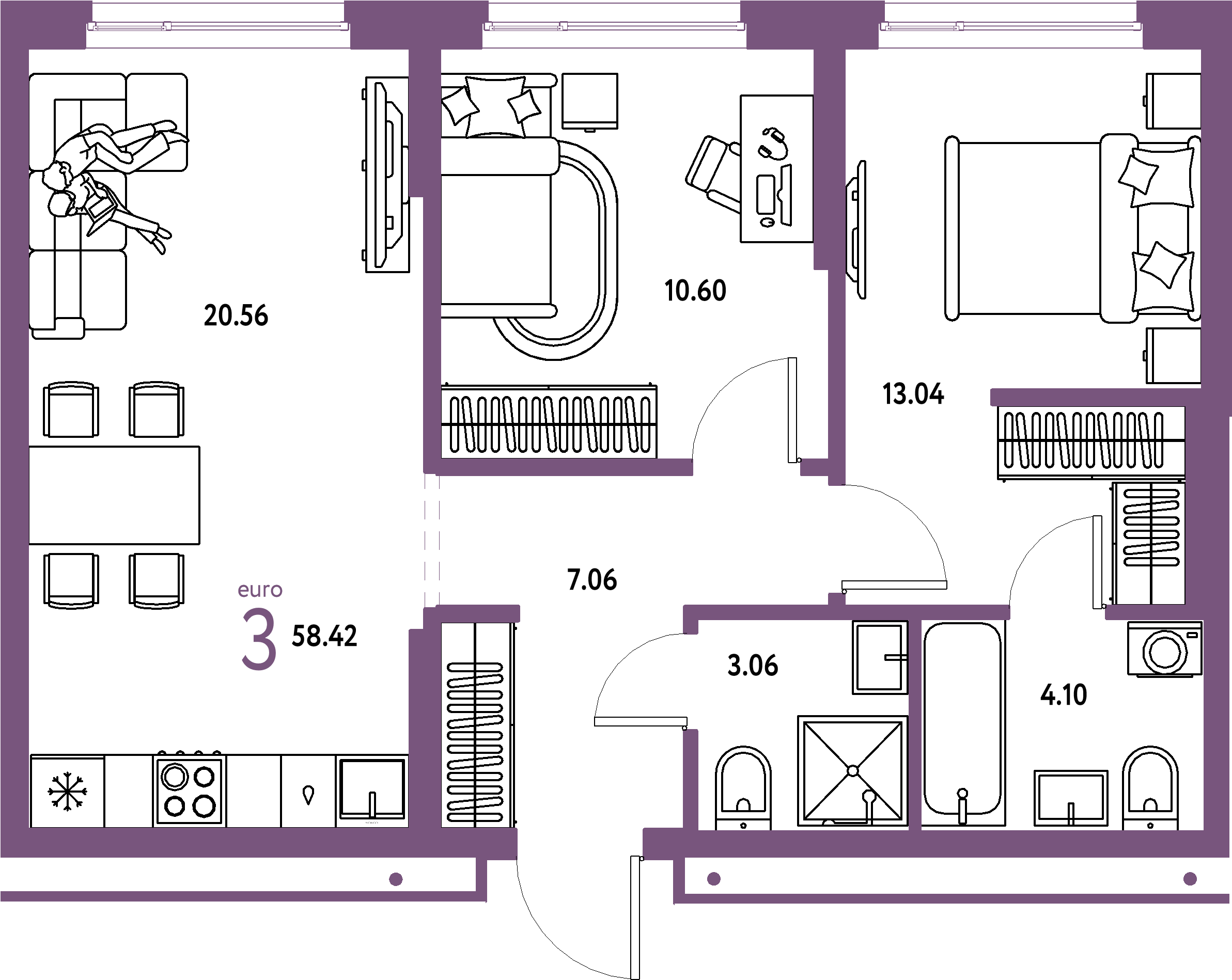 ЖК "Домашний"-3-комнатная 58.42 м²