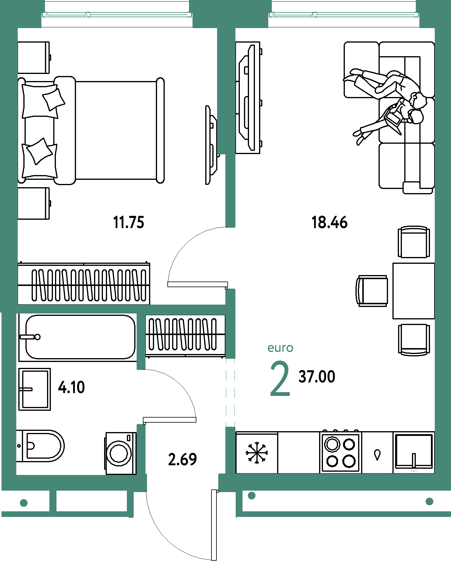ЖК "Домашний"-2-комнатная 37 м²