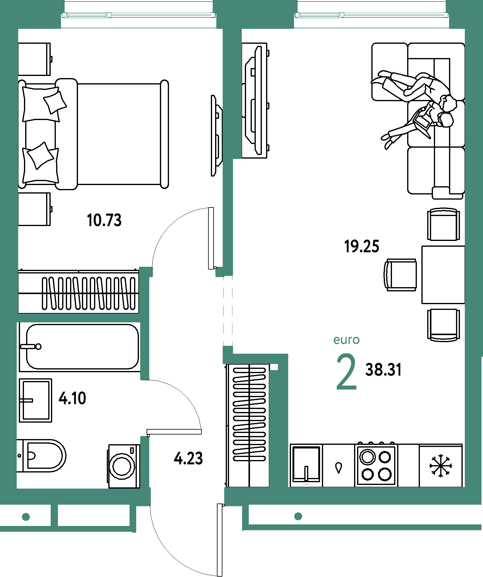 ЖК "Домашний"-2-комнатная 38.31 м²