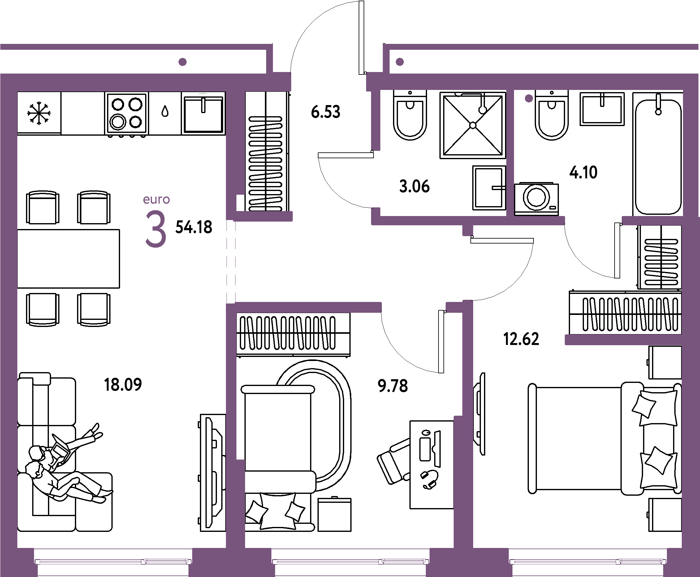 Купить 3-комнатную квартиру 54.18м², этаж №13 кв №205 в ЖК 