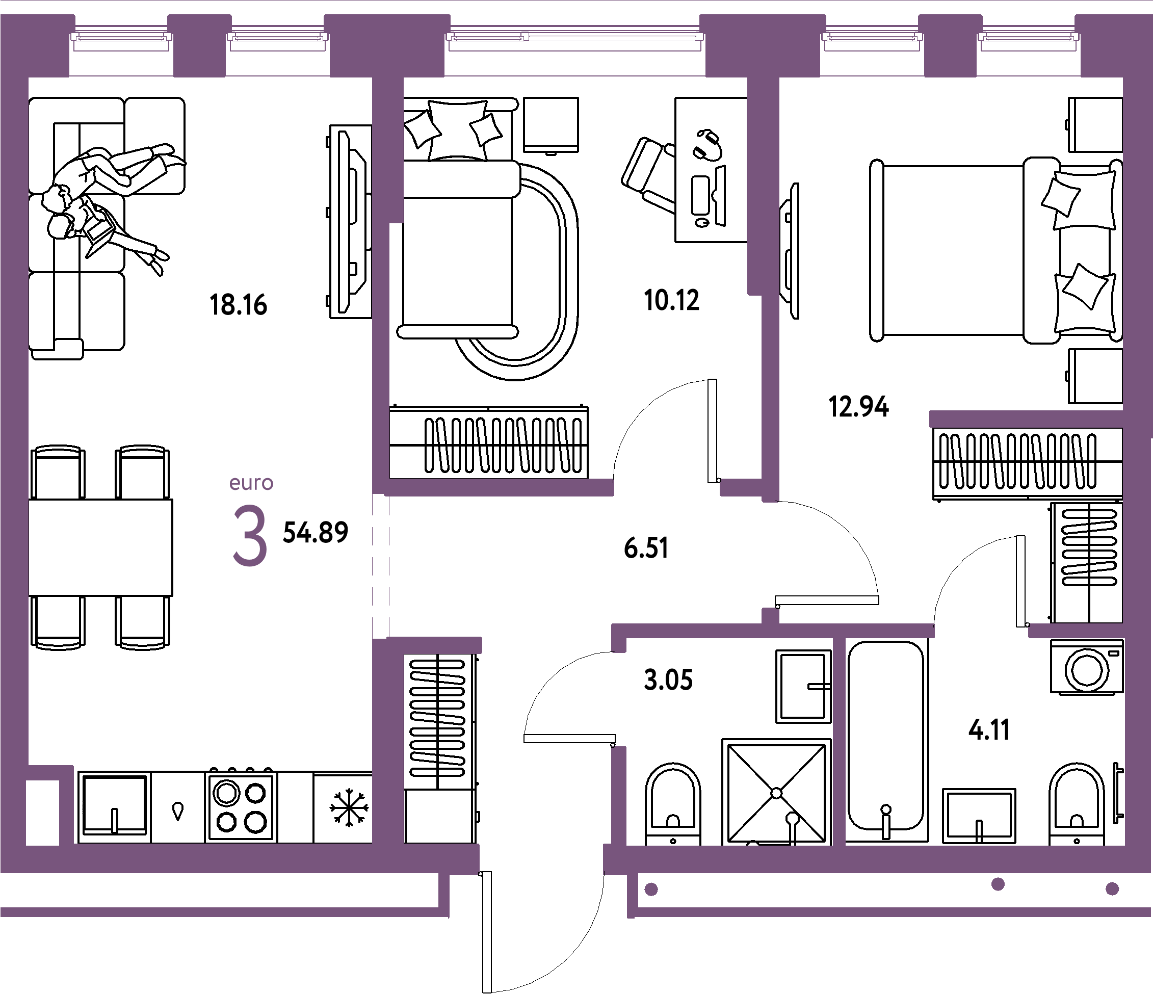 ЖК "Домашний"-3-комнатная 54.89 м²