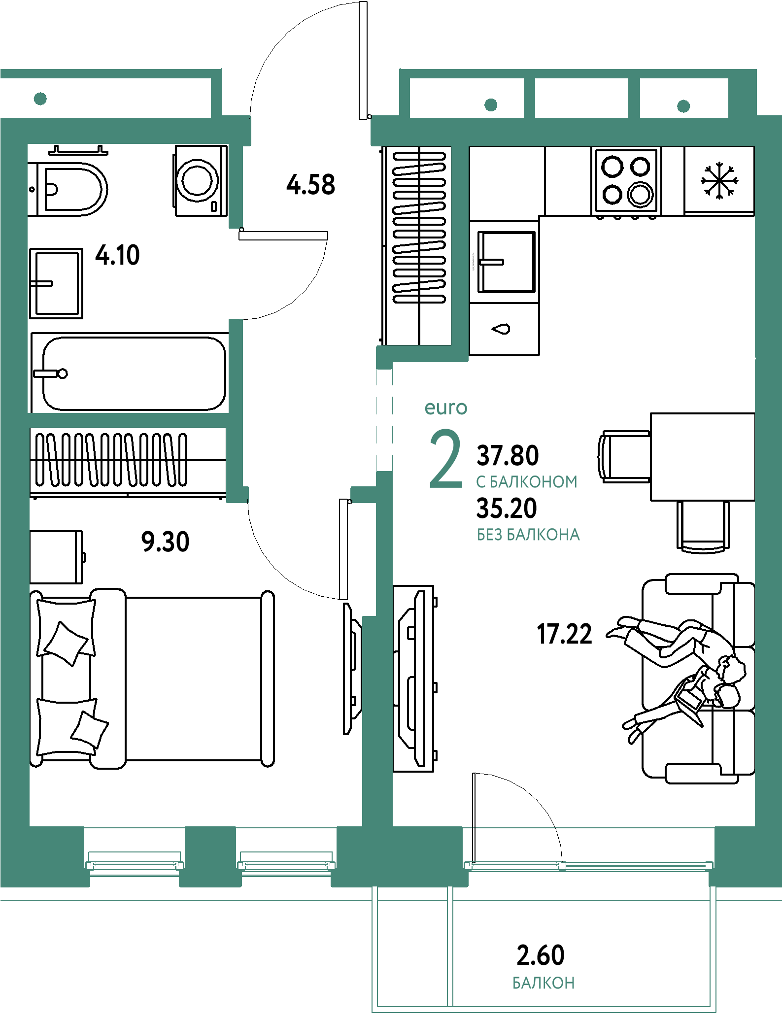 ЖК "Домашний"-2-комнатная 37.8 м²