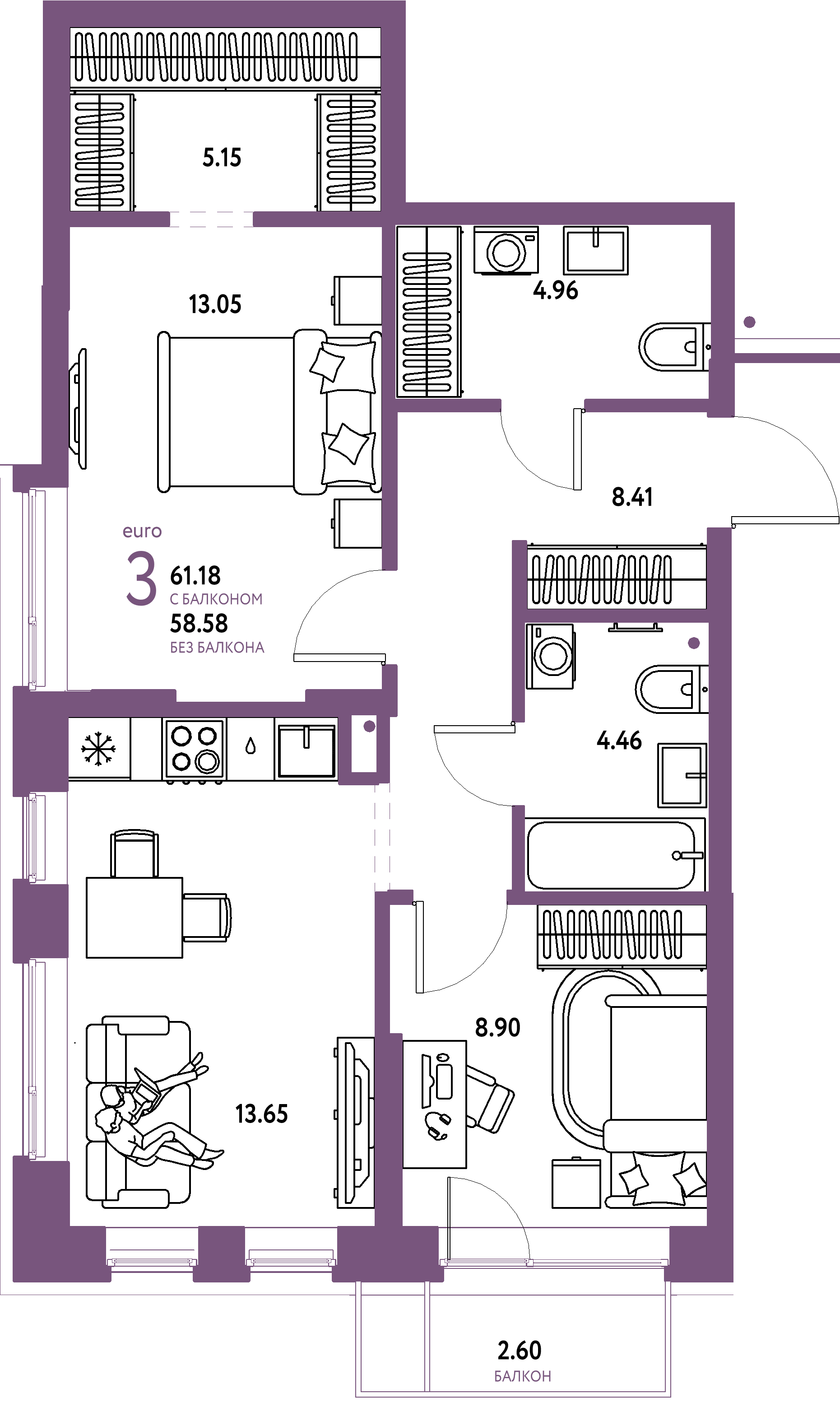 ЖК "Домашний"-3-комнатная 61.18 м²