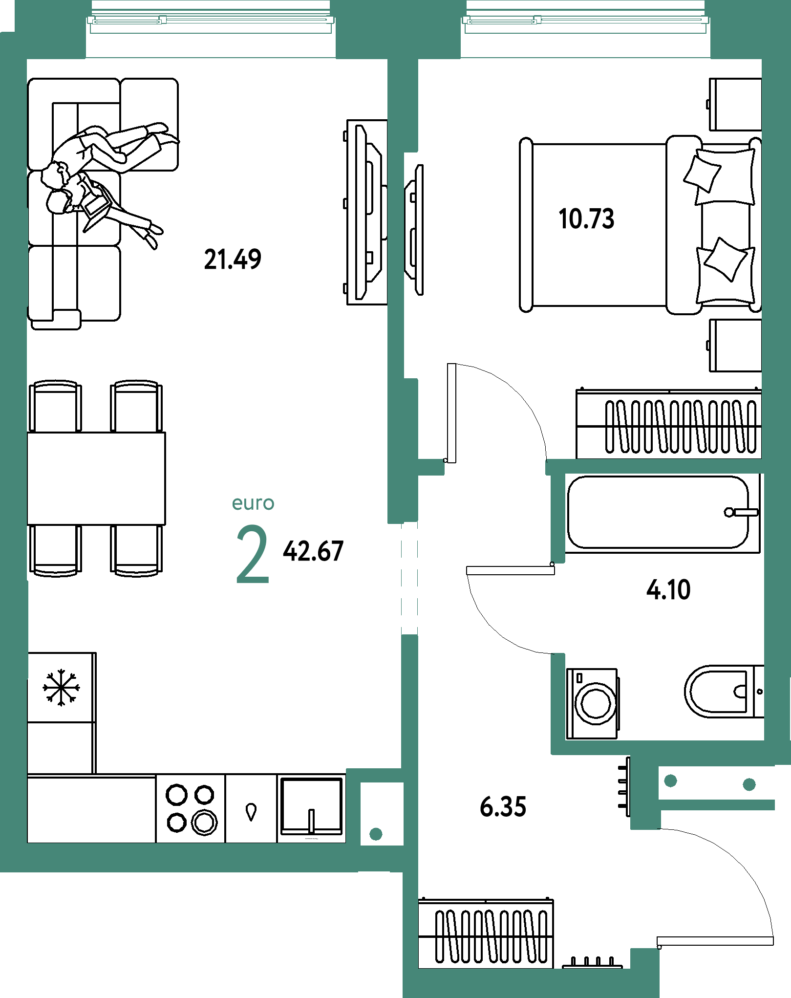ЖК "Домашний"-2-комнатная 42.67 м²