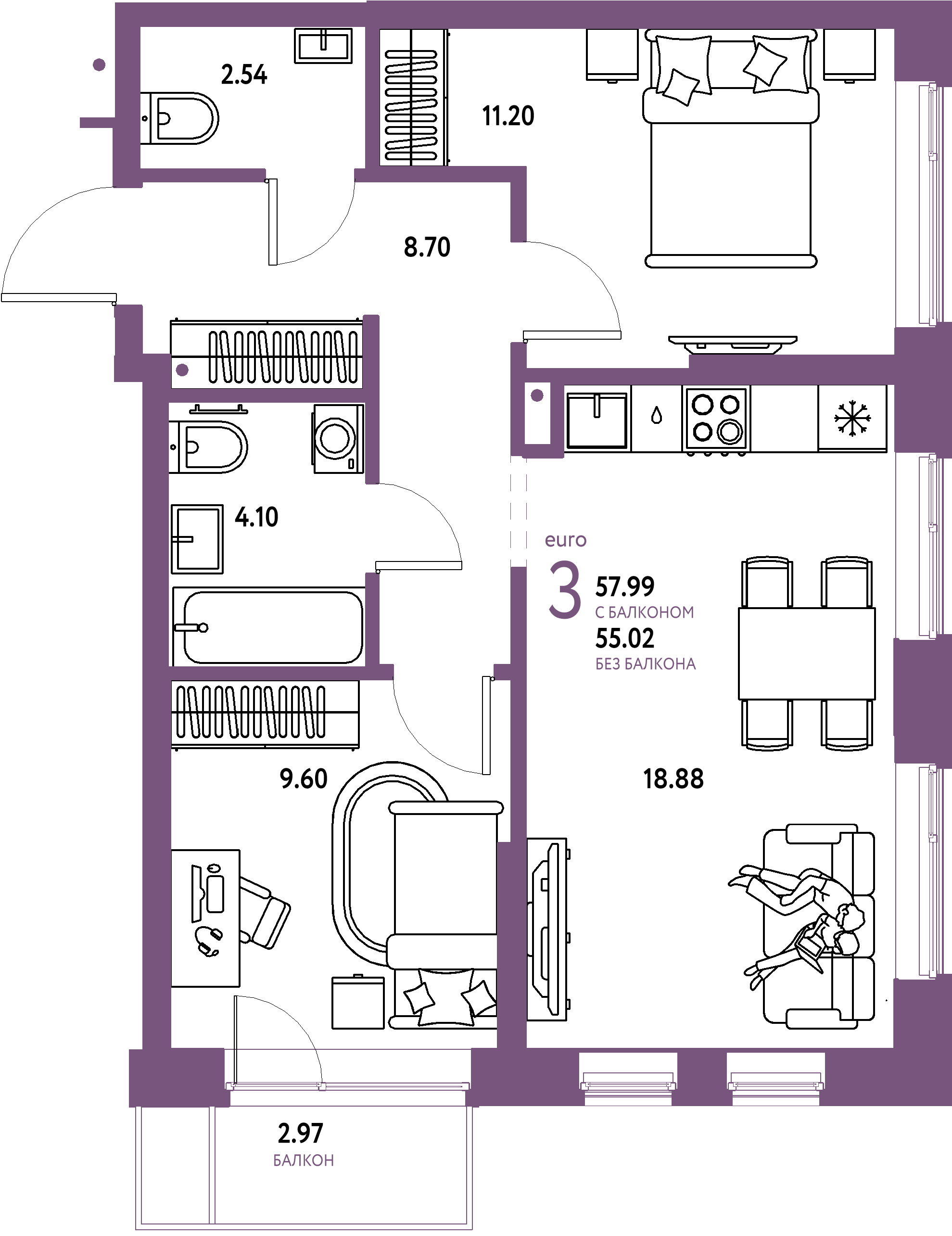 Купить 3-комнатную квартиру 57.99м², этаж №3 кв №223 в ЖК 