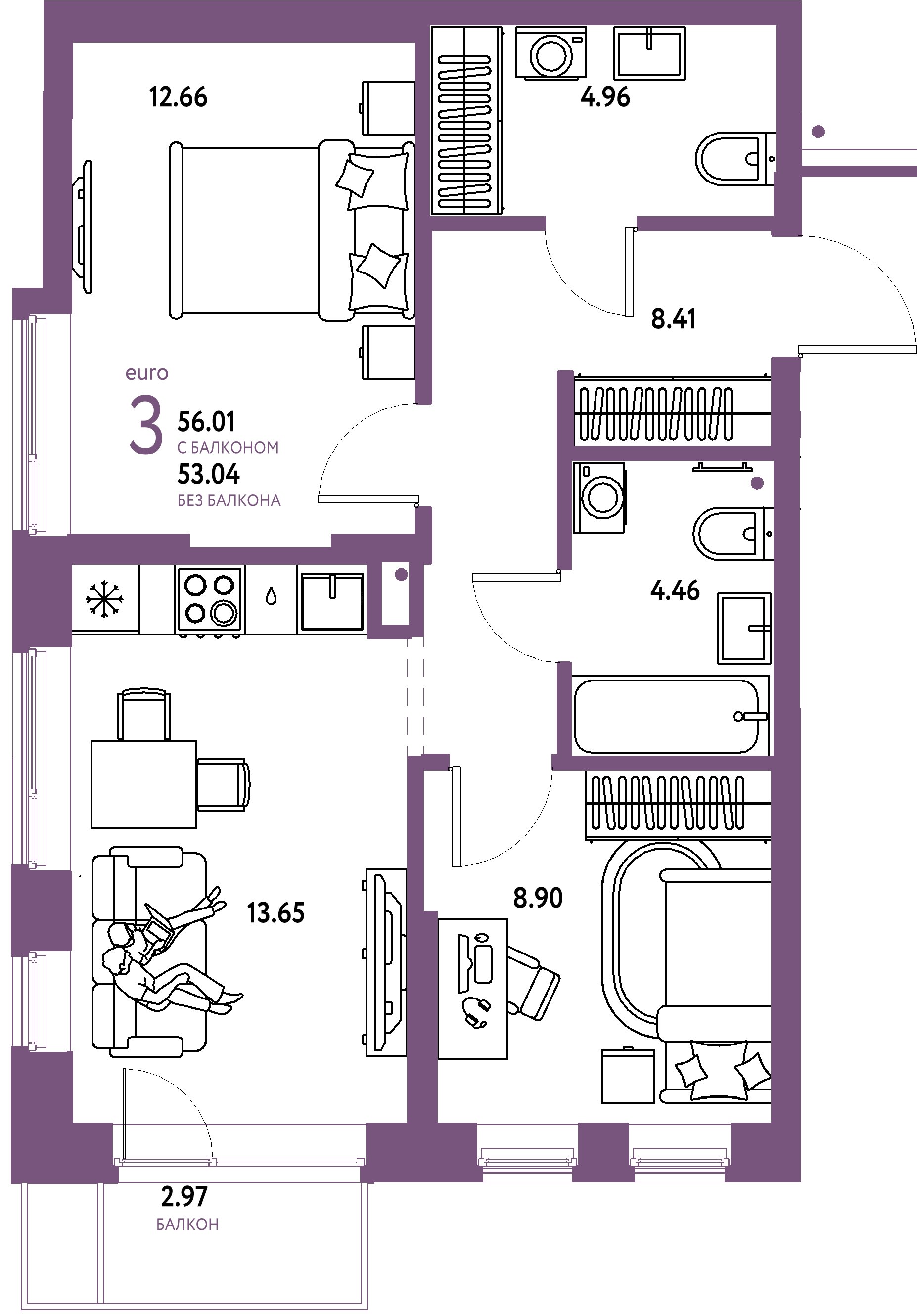 Купить 3-комнатную квартиру 56.01м², этаж №3 кв №226 в ЖК 