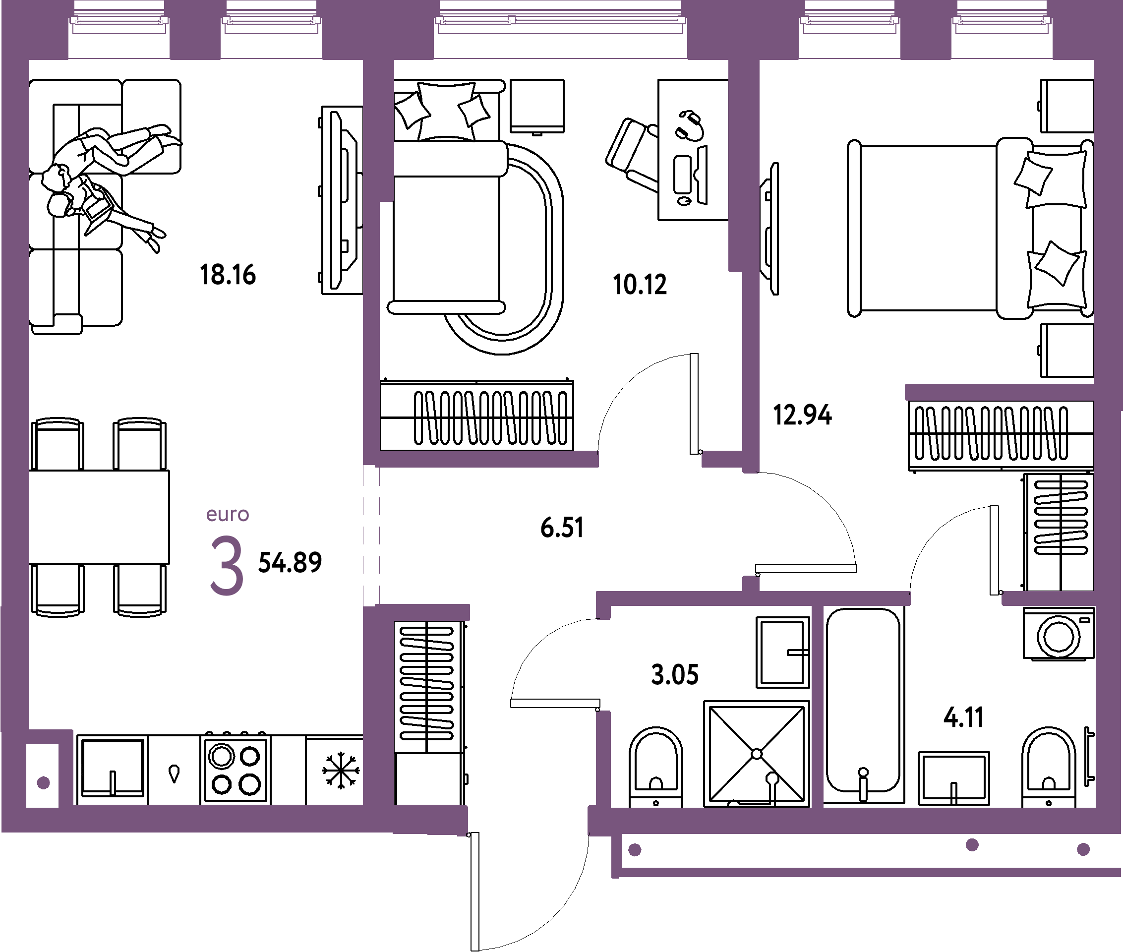 ЖК "Домашний"-3-комнатная 54.89 м²