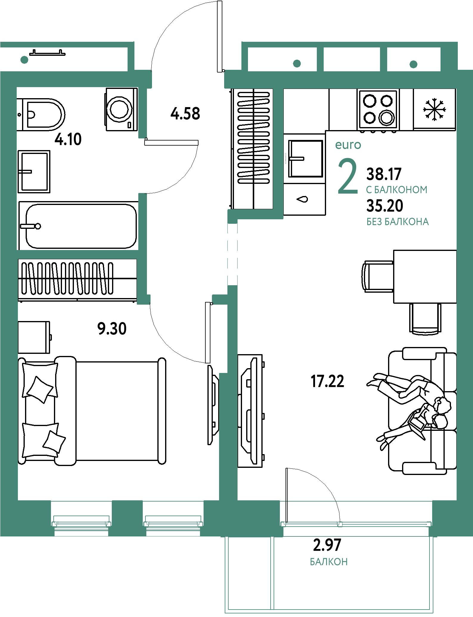 ЖК "Домашний"-2-комнатная 38.17 м²