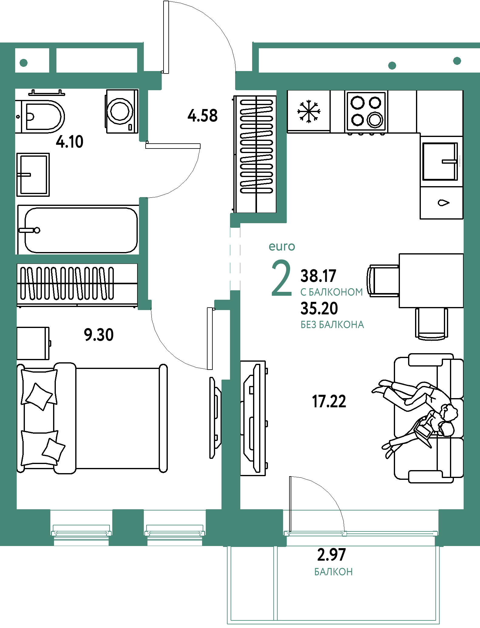 Купить 2-комнатную квартиру 38.17м², этаж №4 кв №235 в ЖК 