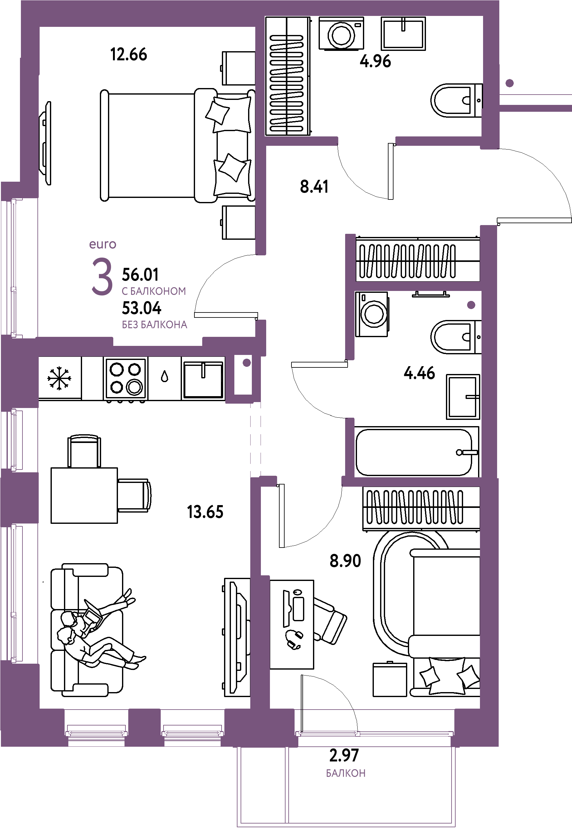ЖК "Домашний"-3-комнатная 56.01 м²