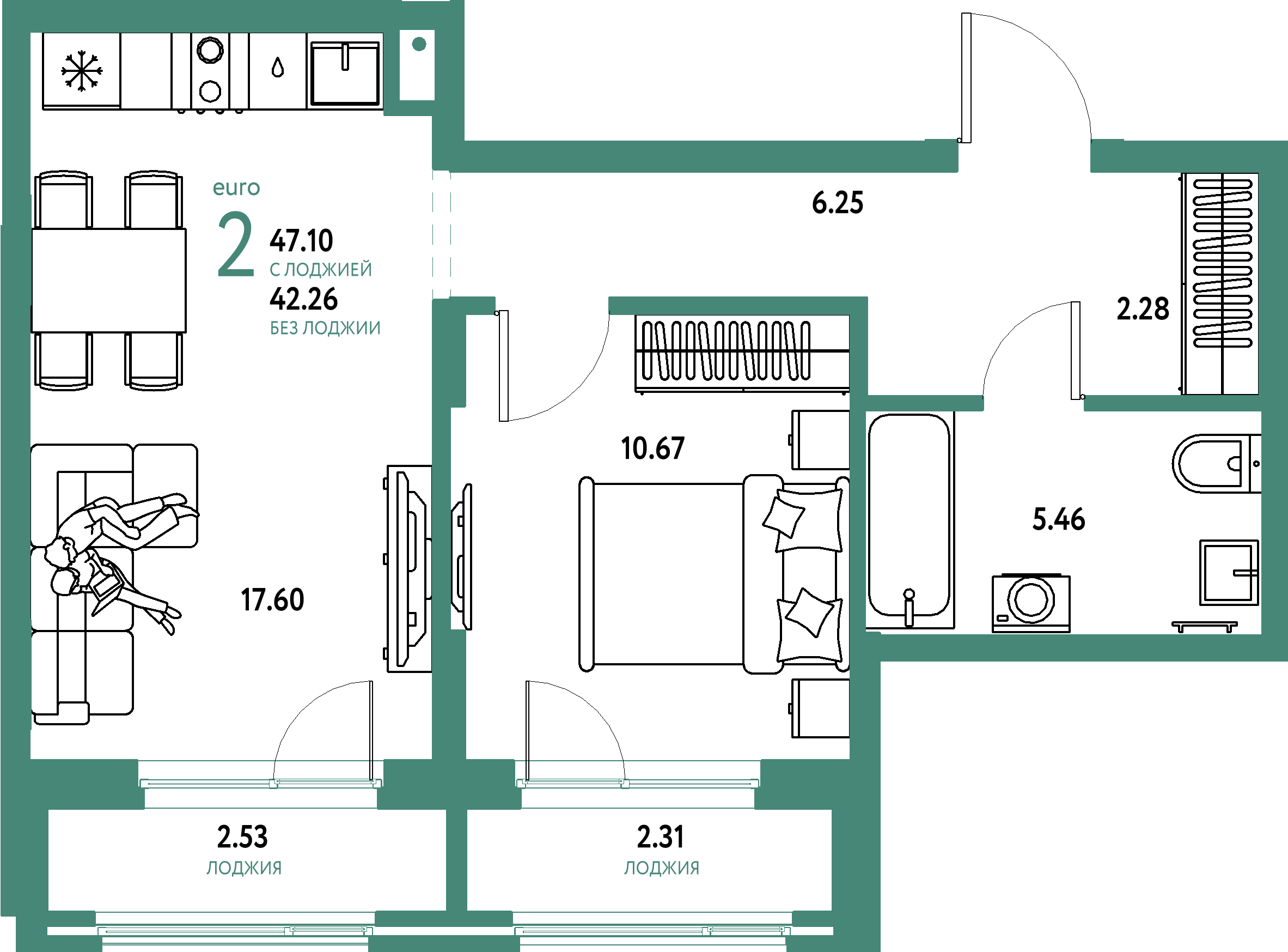 Купить 2-комнатную квартиру 47.1м², этаж №5 кв №237 в ЖК 