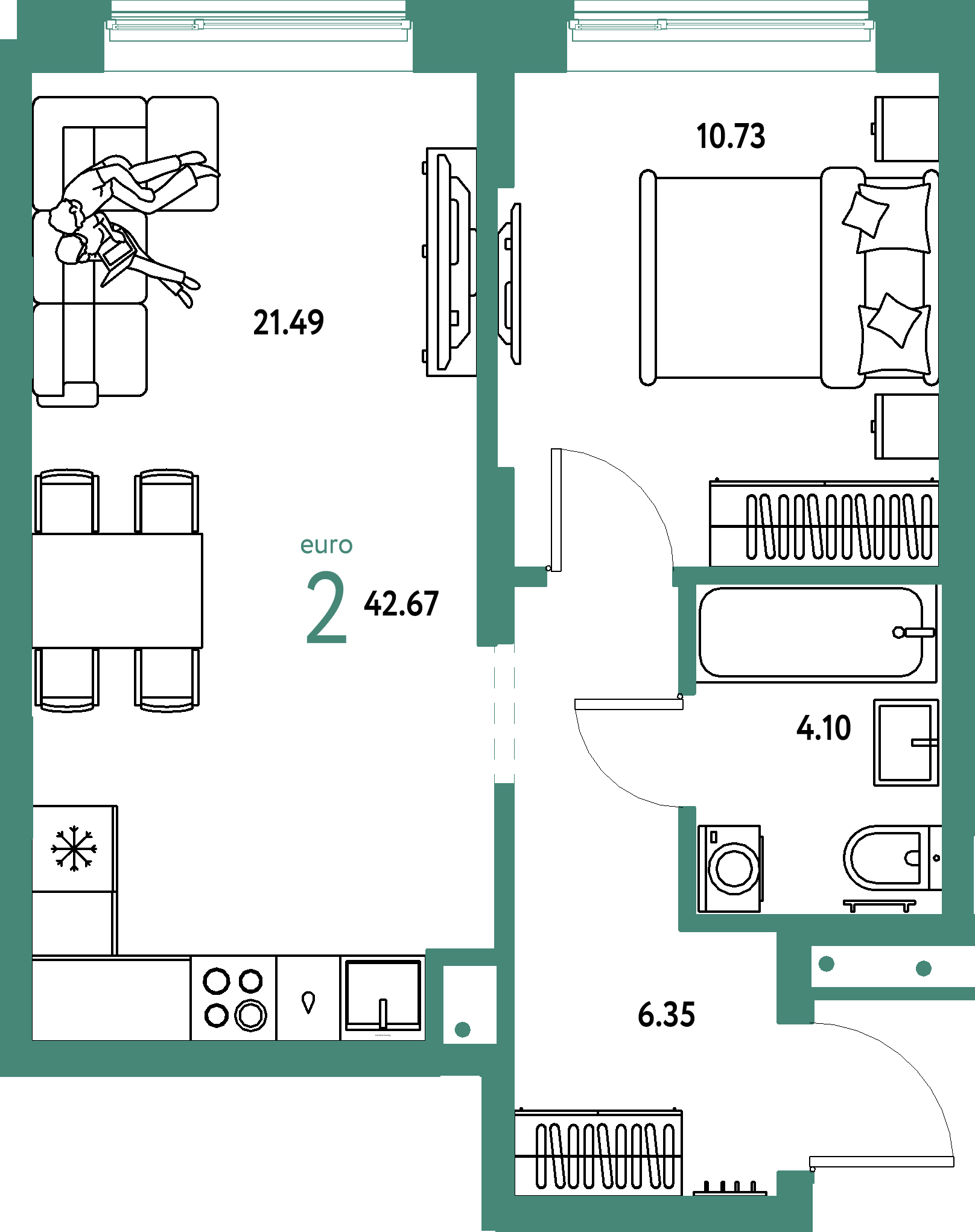 Купить 2-комнатную квартиру 42.67м², этаж №5 кв №238 в ЖК 