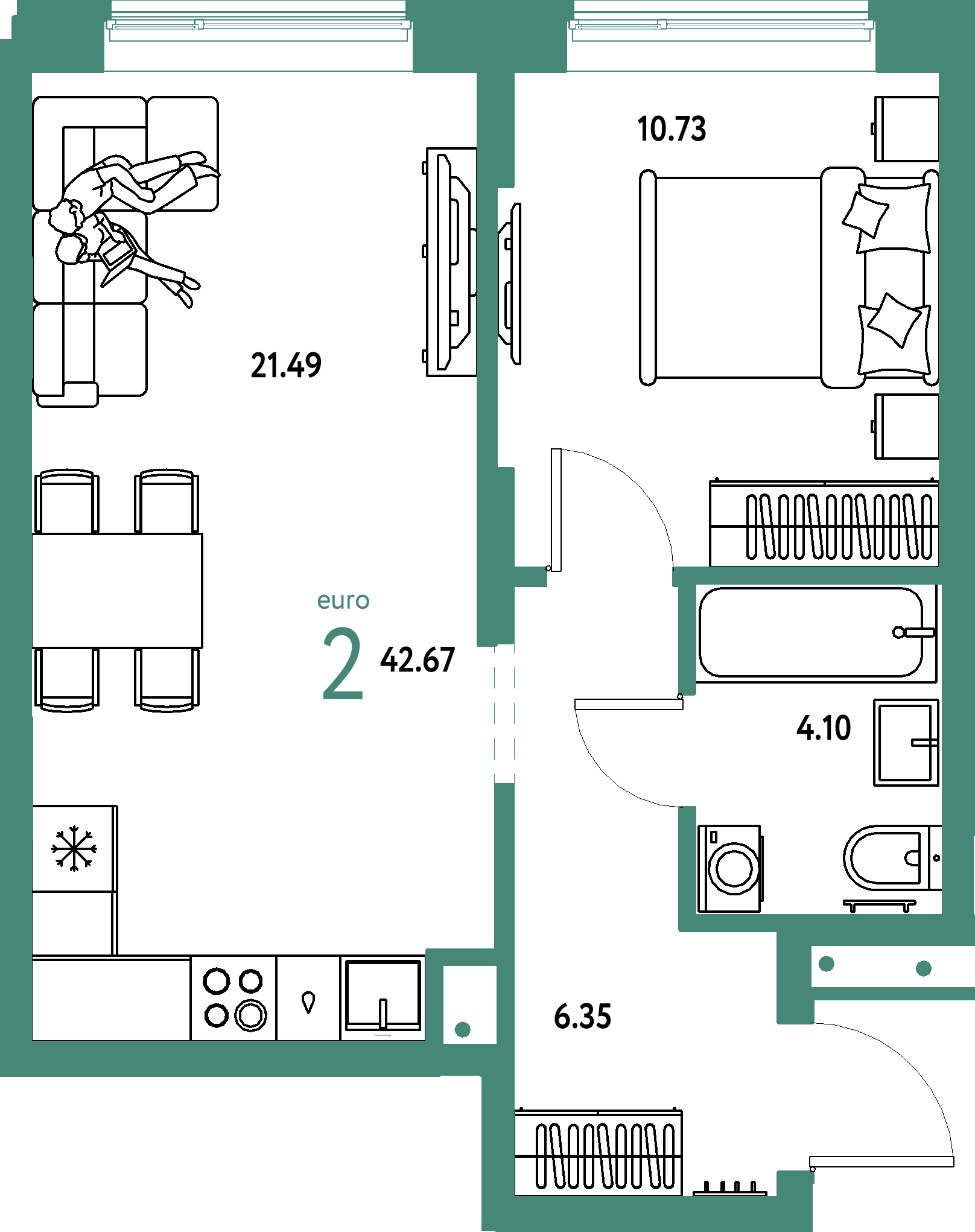 ЖК "Домашний"-2-комнатная 42.67 м²