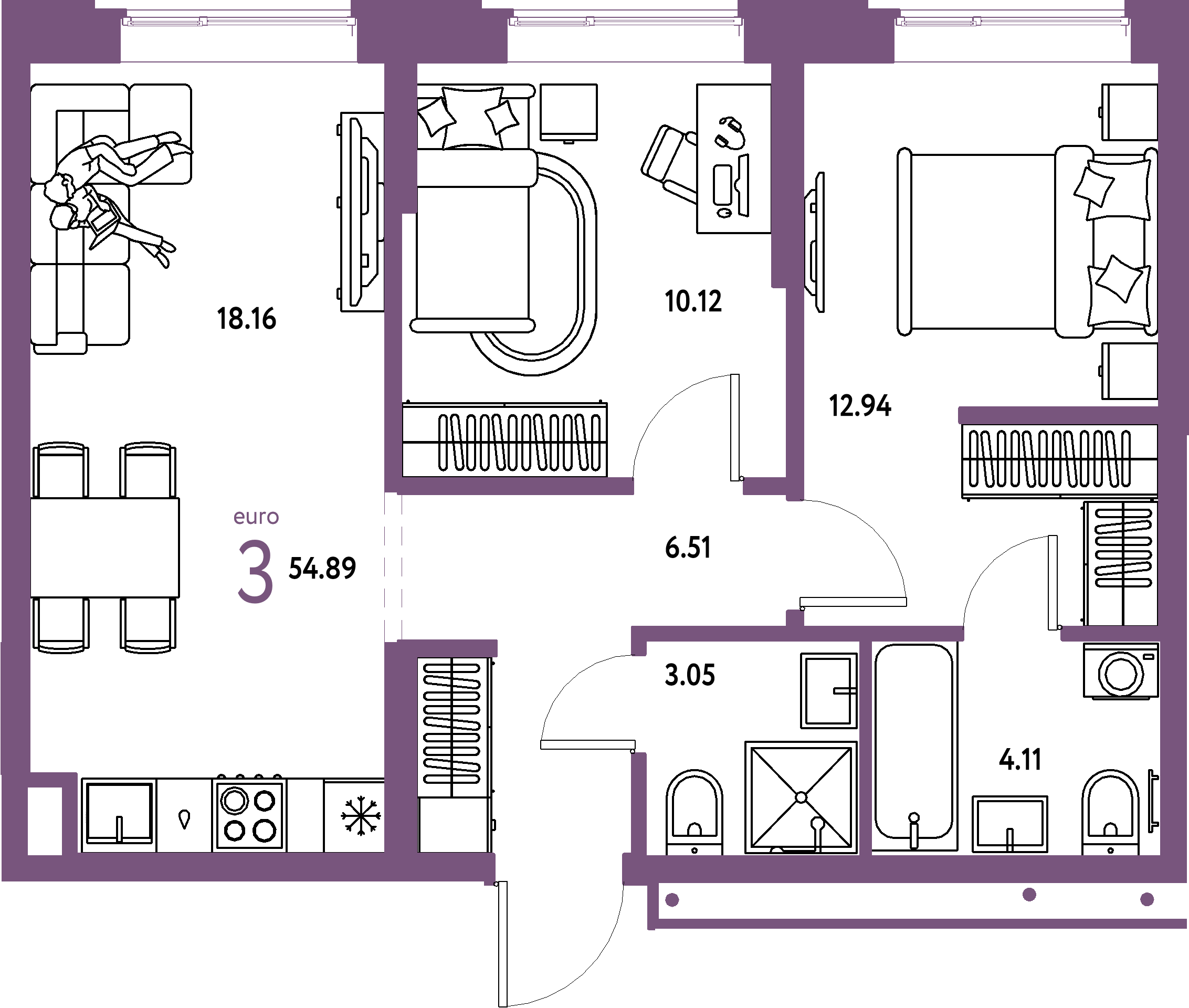 Купить 3-комнатную квартиру 54.89м², этаж №6 кв №249 в ЖК 