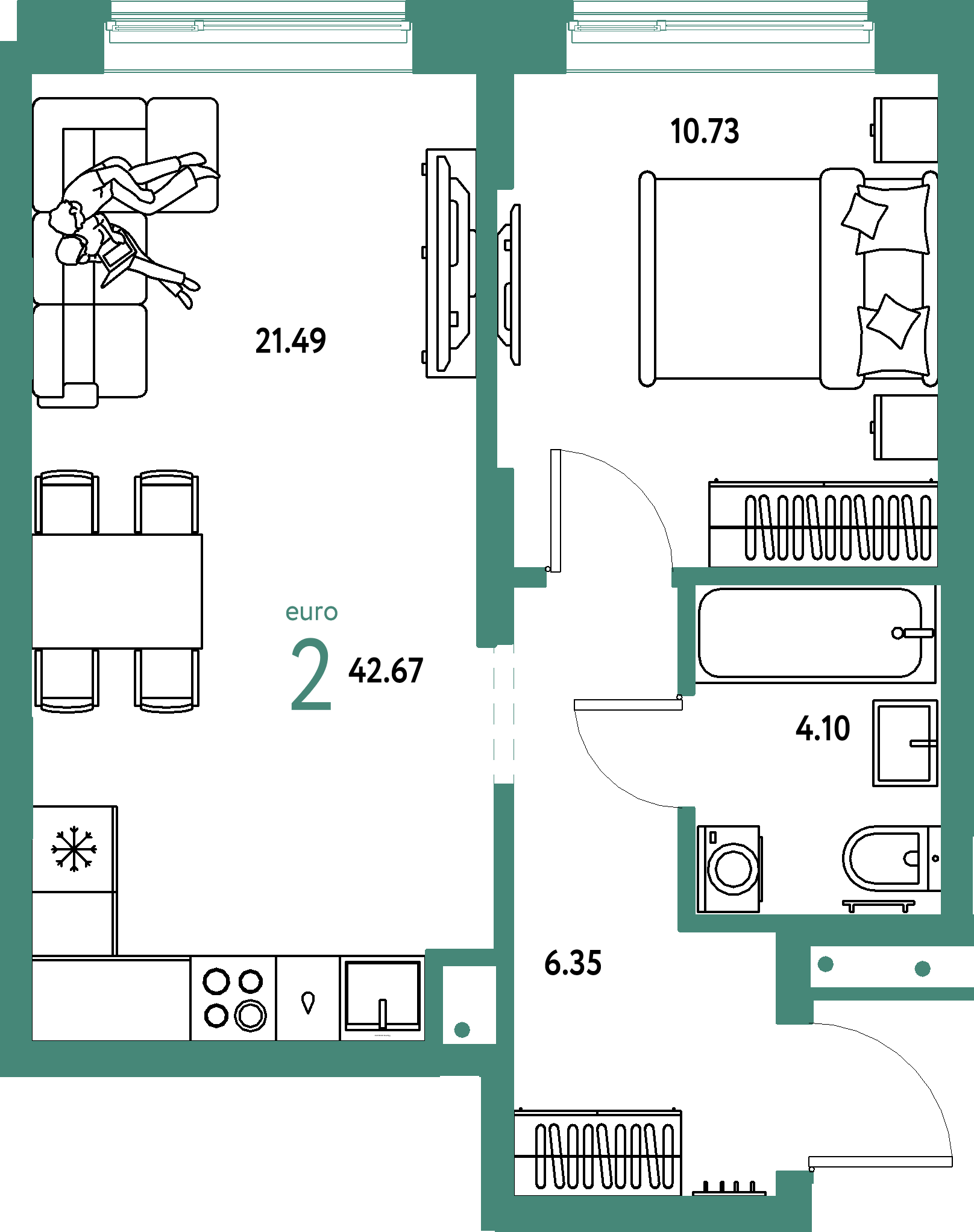 ЖК "Домашний"-2-комнатная 42.67 м²