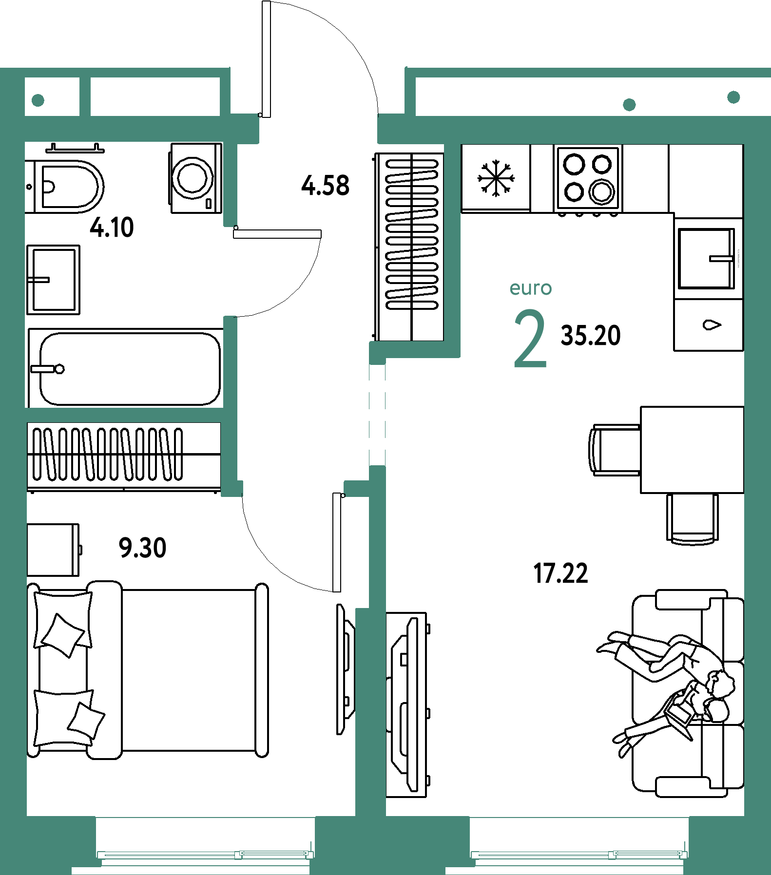 ЖК "Домашний"-2-комнатная 35.2 м²
