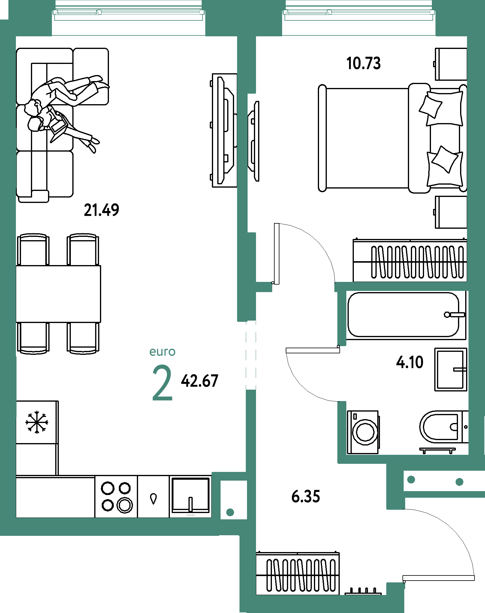 ЖК "Домашний"-2-комнатная 42.67 м²