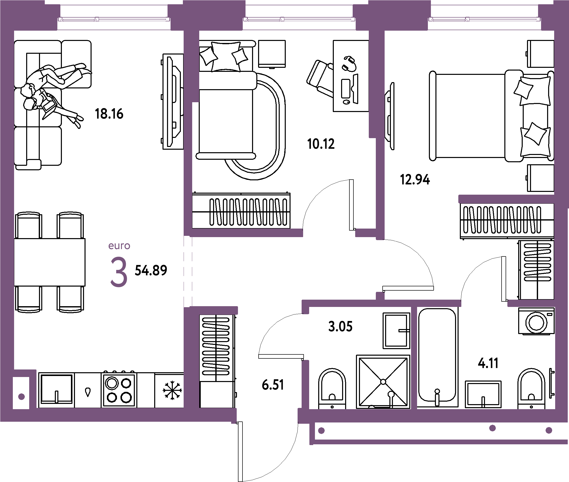 ЖК "Домашний"-3-комнатная 54.89 м²