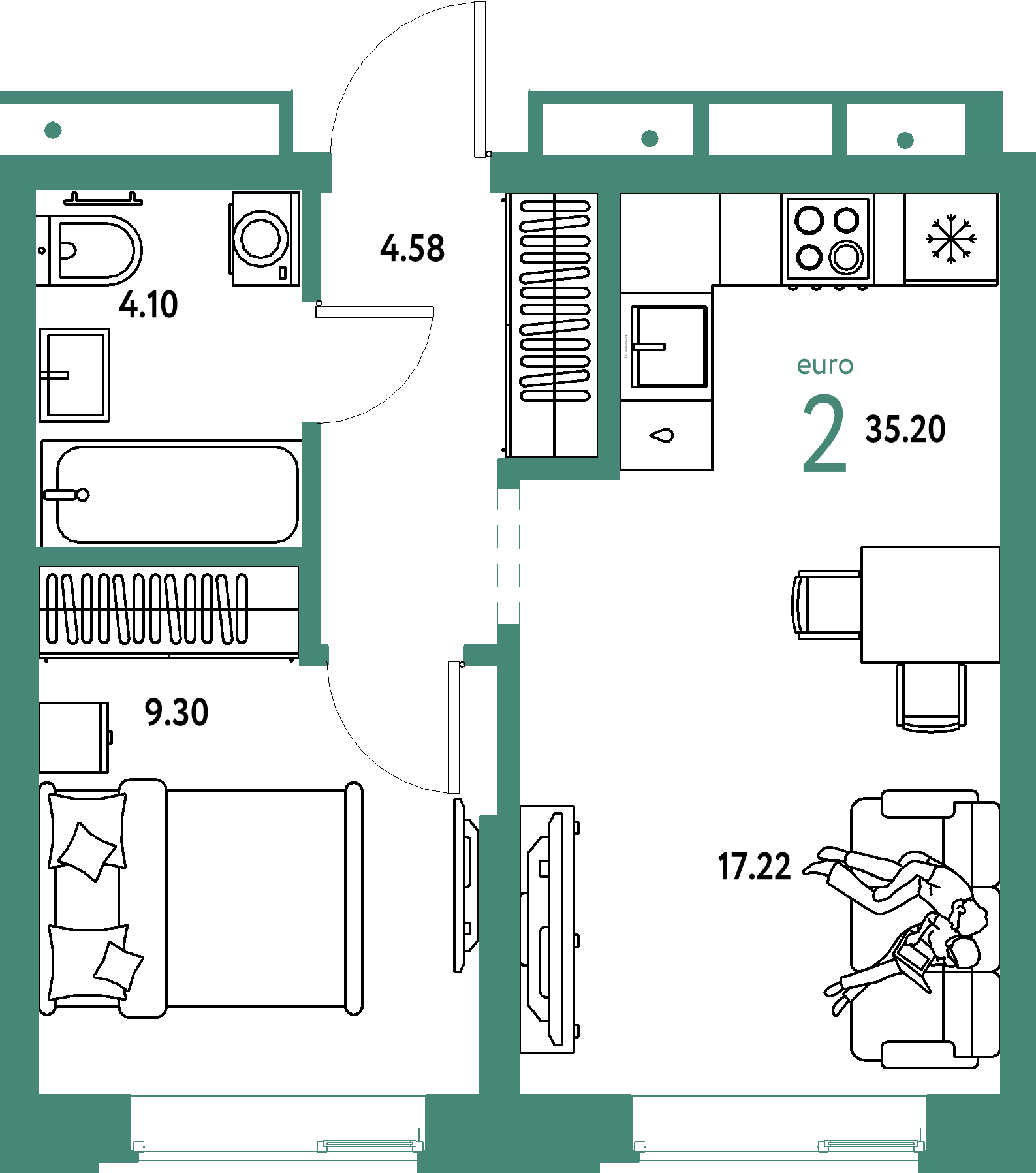 ЖК "Домашний"-2-комнатная 35.2 м²